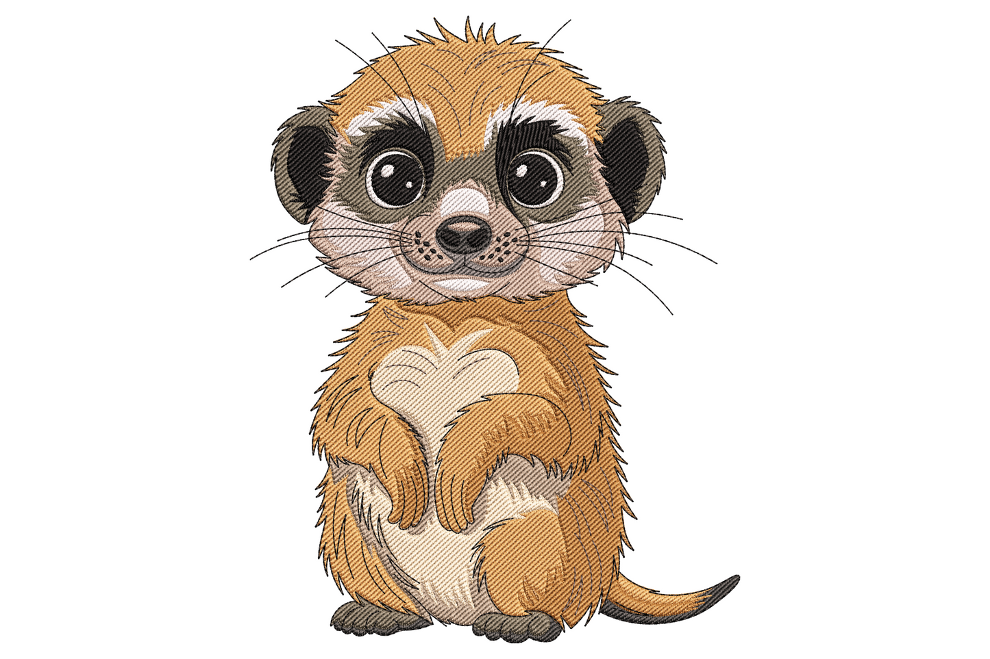 Baby meerkat embroidery sitting upright with paws crossed, sandy tan fur and dark chocolate eye mask around big shiny black eyes, soft watercoloured shading