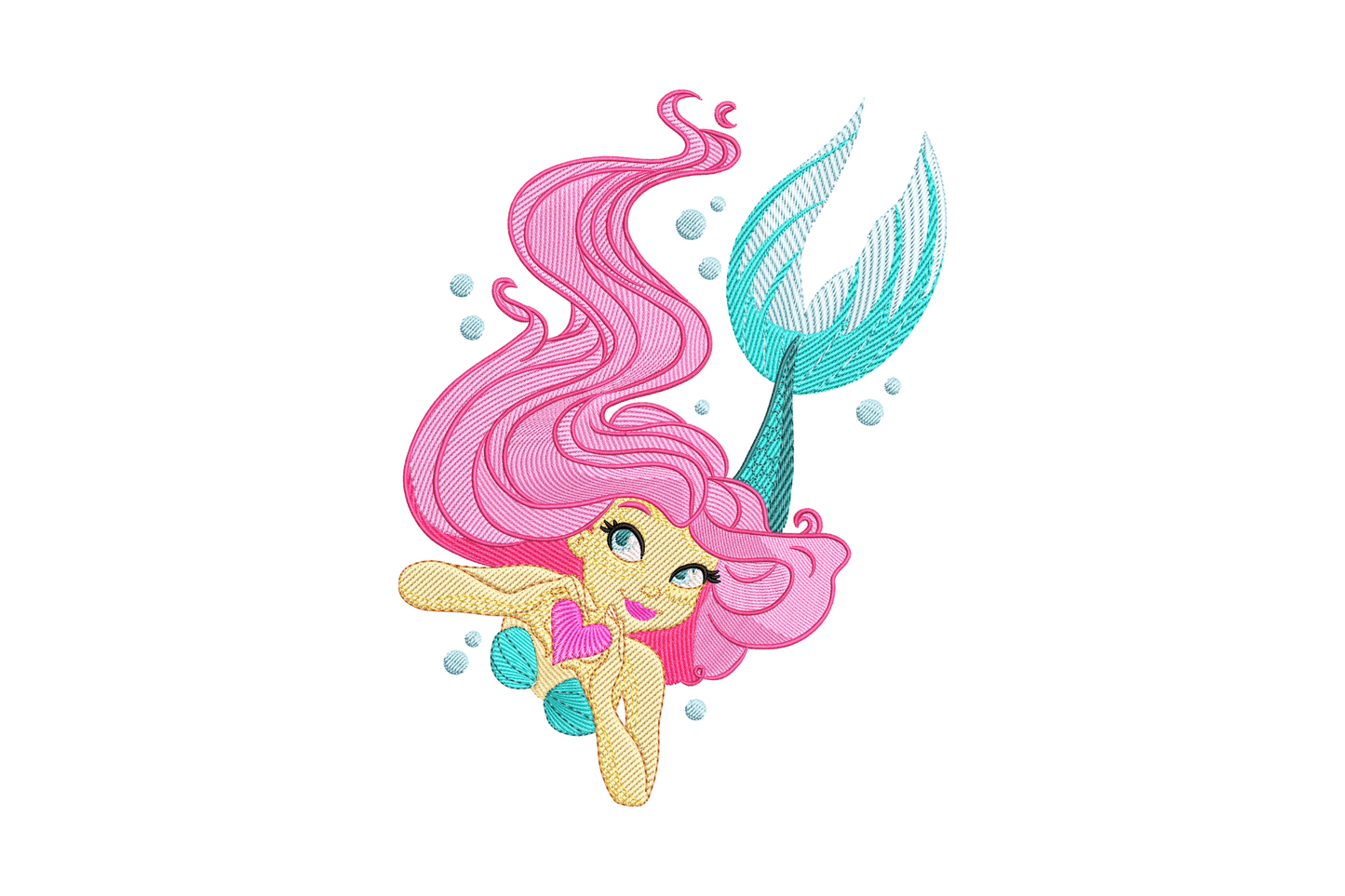 Charming mermaid embroidery design, scaled tail and flowing hair, 12 colours, 3 sizes 5.51 to 7.51 inches, fantasy ocean