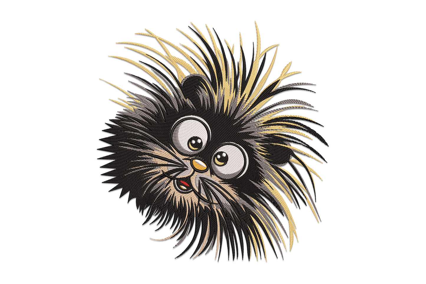 Cute messy hair puppy embroidery design with round face, spiky charcoal and sandy fur, huge cartoon eyes on cream fabric.