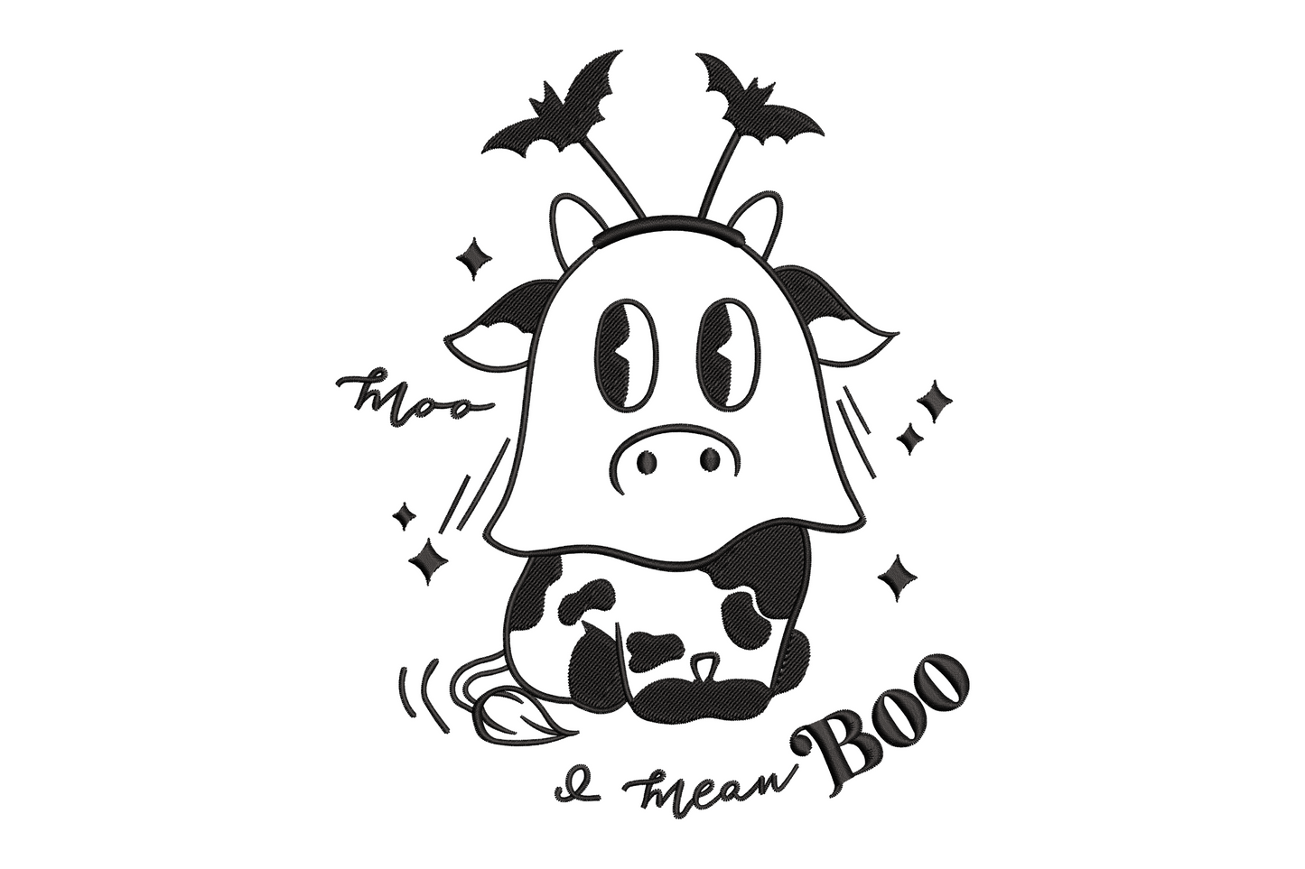 Halloween ghost cow cartoon embroidery design with cow print patches, small bats on horns and Moo I mean Boo handwritten text