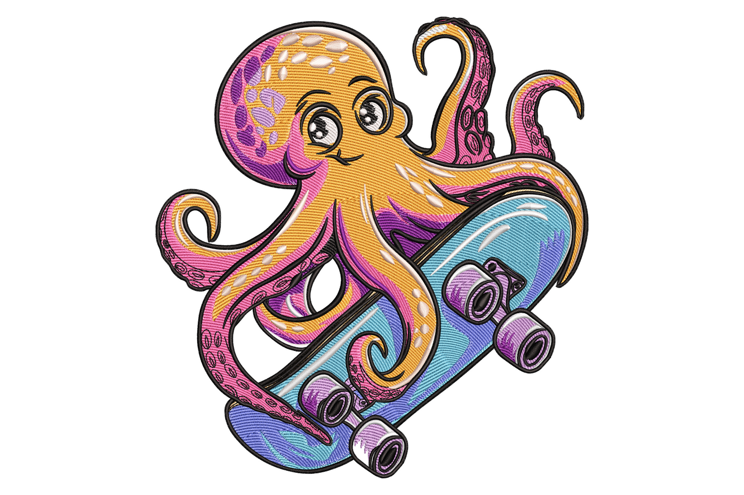 Cute kawaii octopus on skateboard embroidery design, orange body pink tentacles blue board, 11 colors, bold cartoon outlines, 5 sizes up to 7 inches.