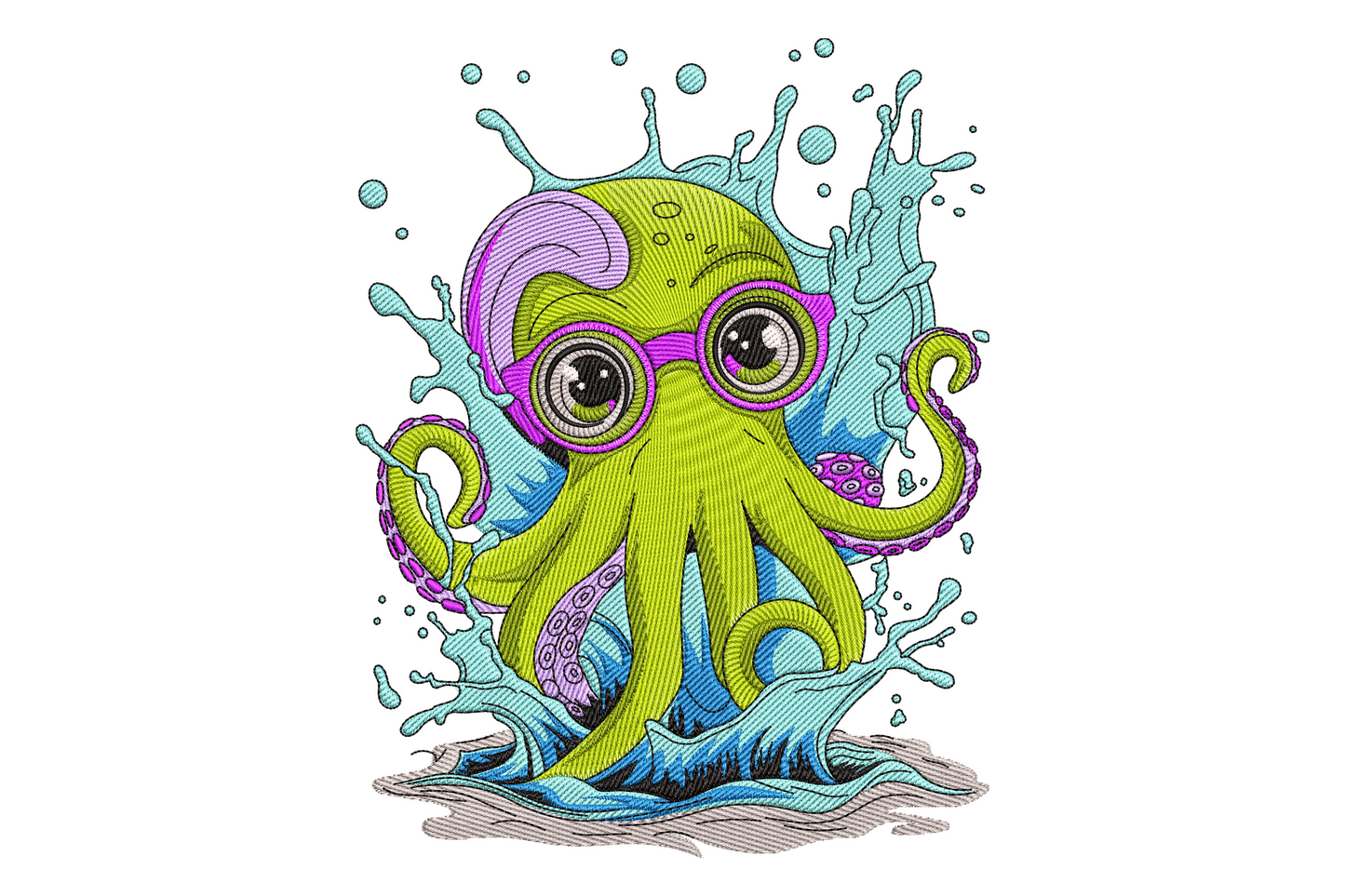 Kawaii octopus with round glasses embroidery design, nine colours, eight tentacles spread wide, cartoon style