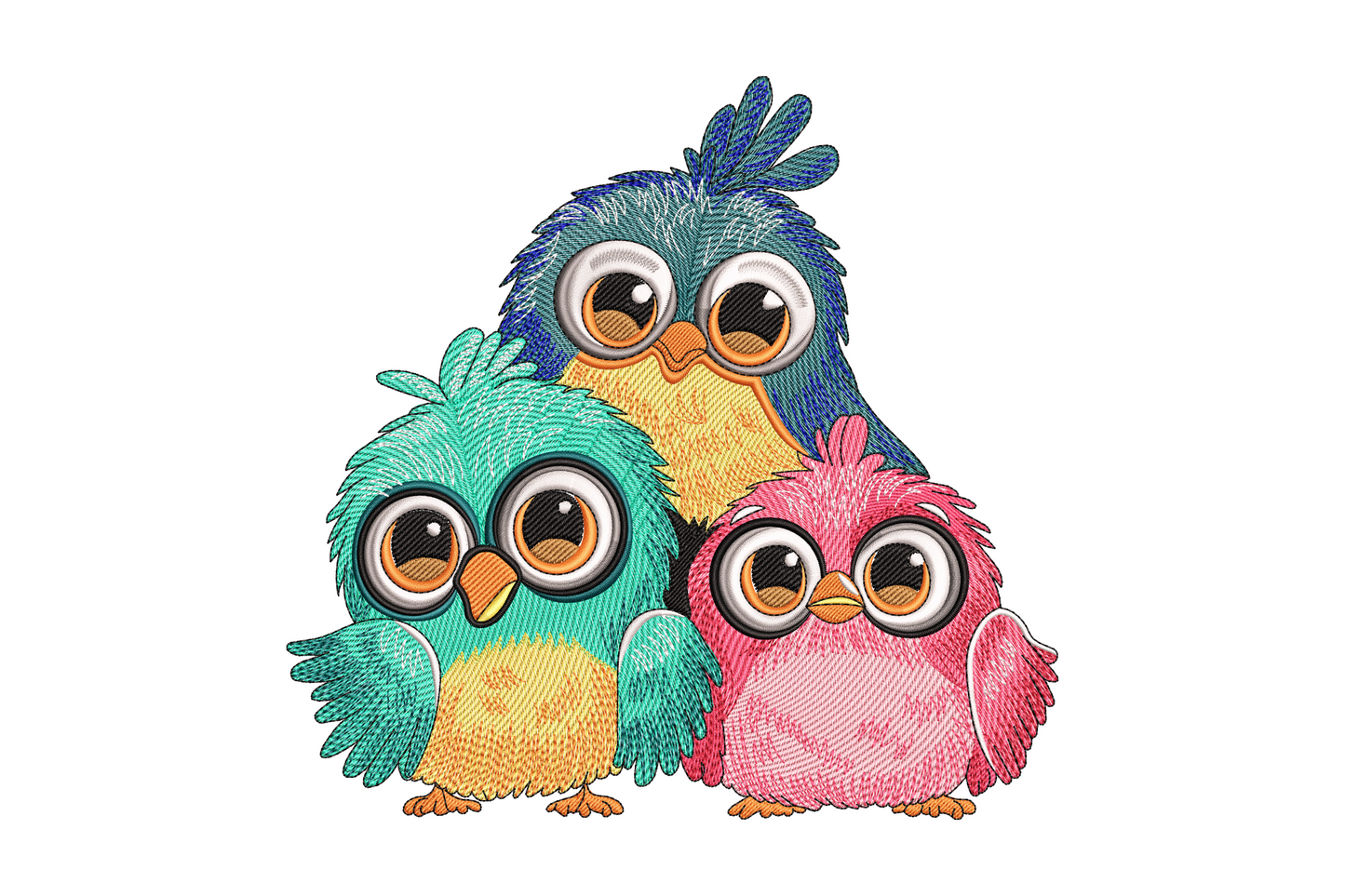 Three cute owls sitting on a branch embroidery design in earthy tan and teal tones, detailed feather stitching with 13 thread colours