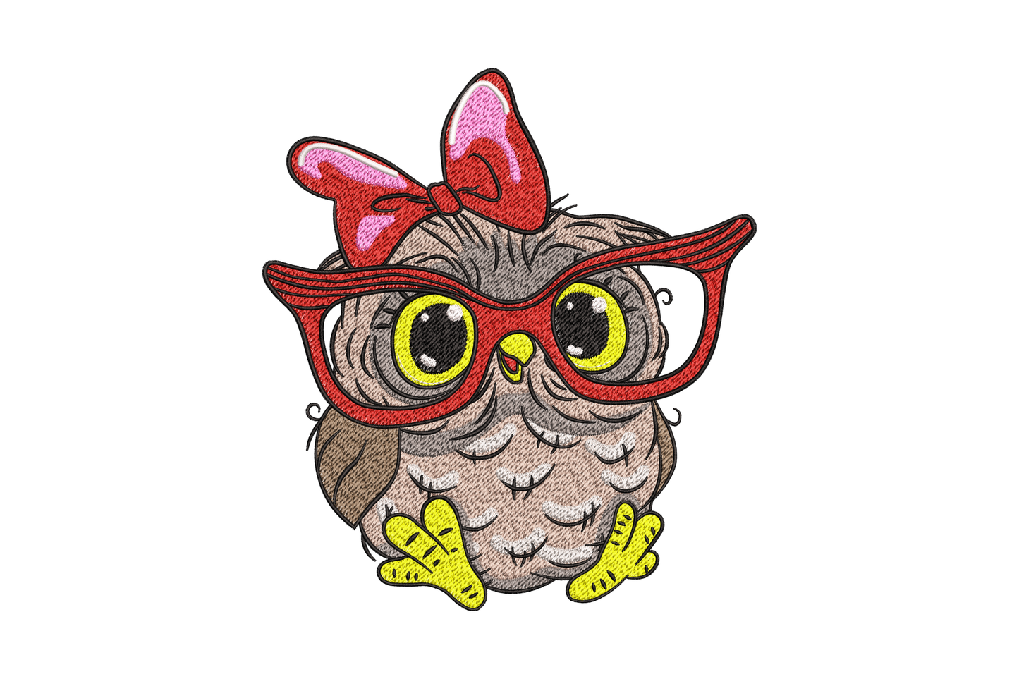 Round chubby cartoon owl with large gold-framed glasses, warm brown feathers, teal eyes and cream belly, kids embroidery design.