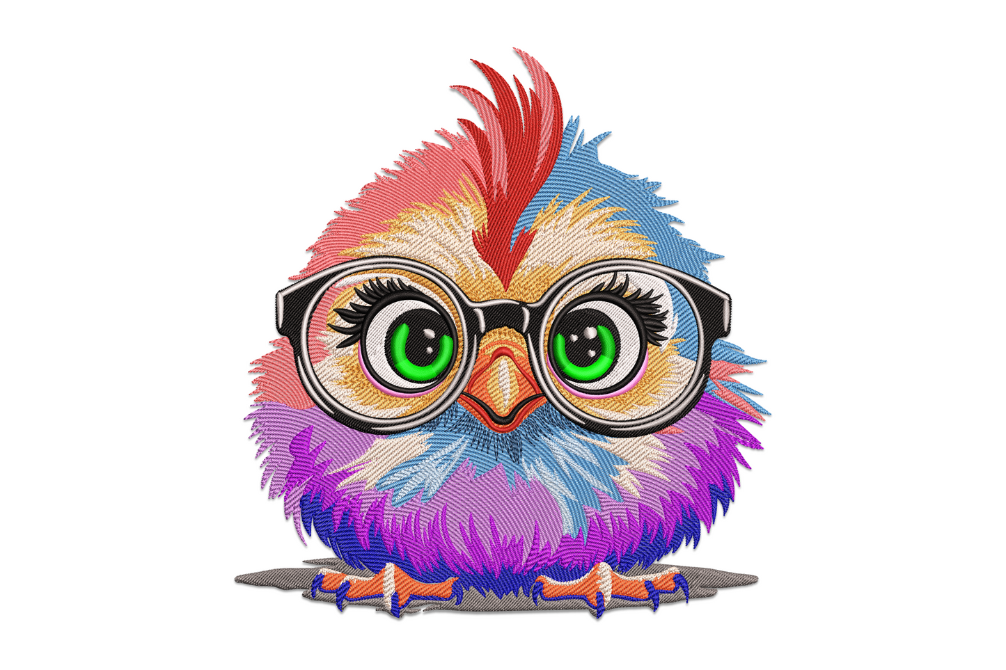 Cute owl with glasses machine embroidery design showing round cartoon owl on branch with large gold-framed glasses, amber eyes, layered brown and rust feather detail, cream chest, nineteen-colour design.
