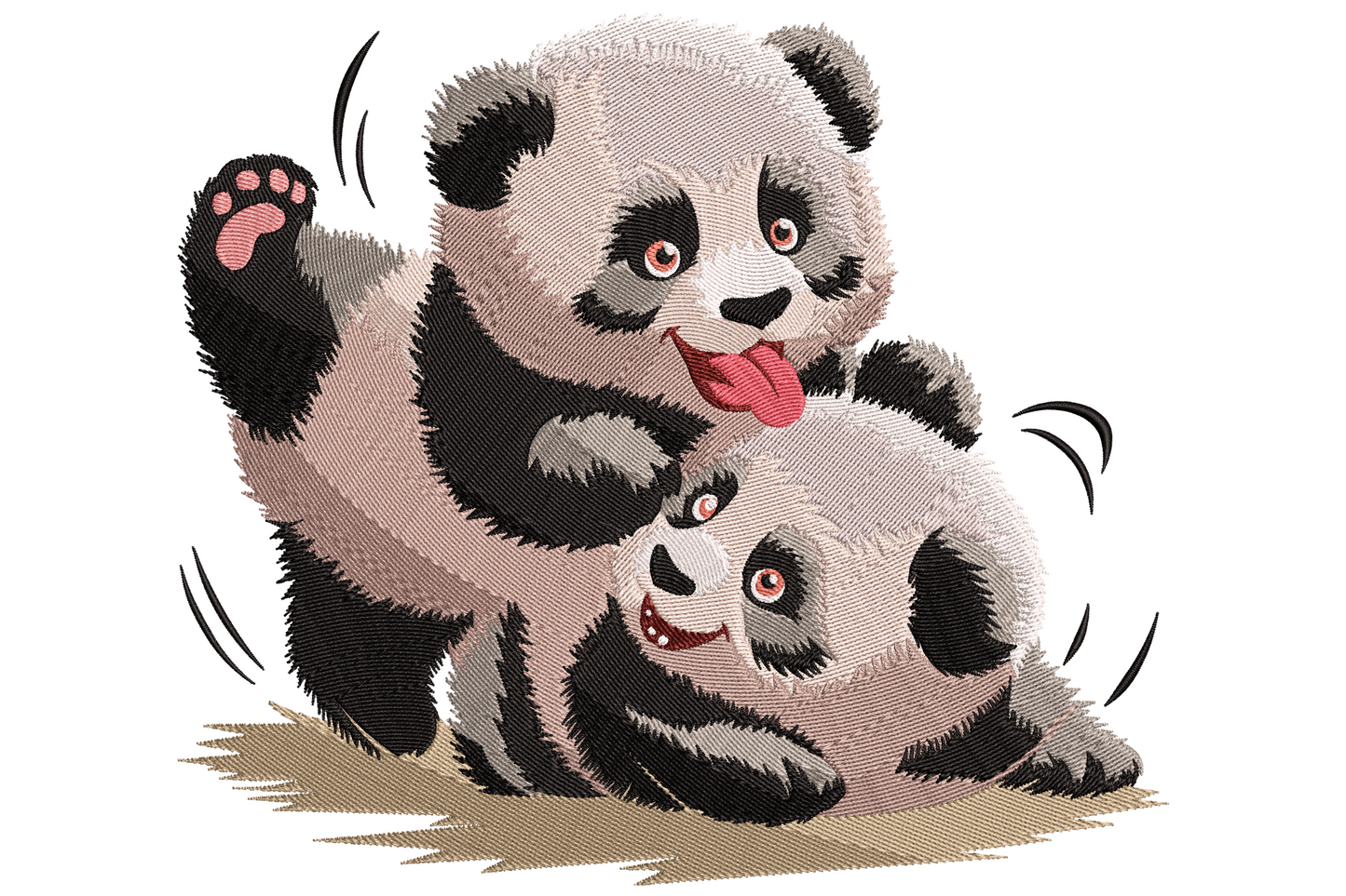 Two fluffy cartoon panda cubs wrestling playfully, one with pink tongue out and raised paw, the other flat on its back grinning.