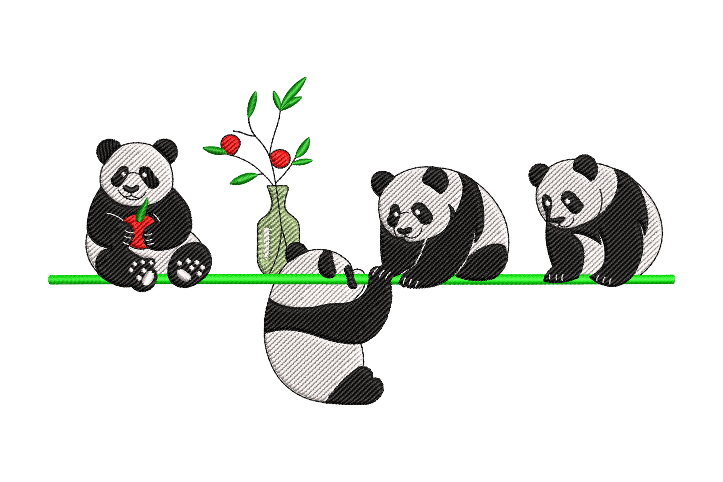 Four cartoon pandas on a branch with a vase of flowers in the background