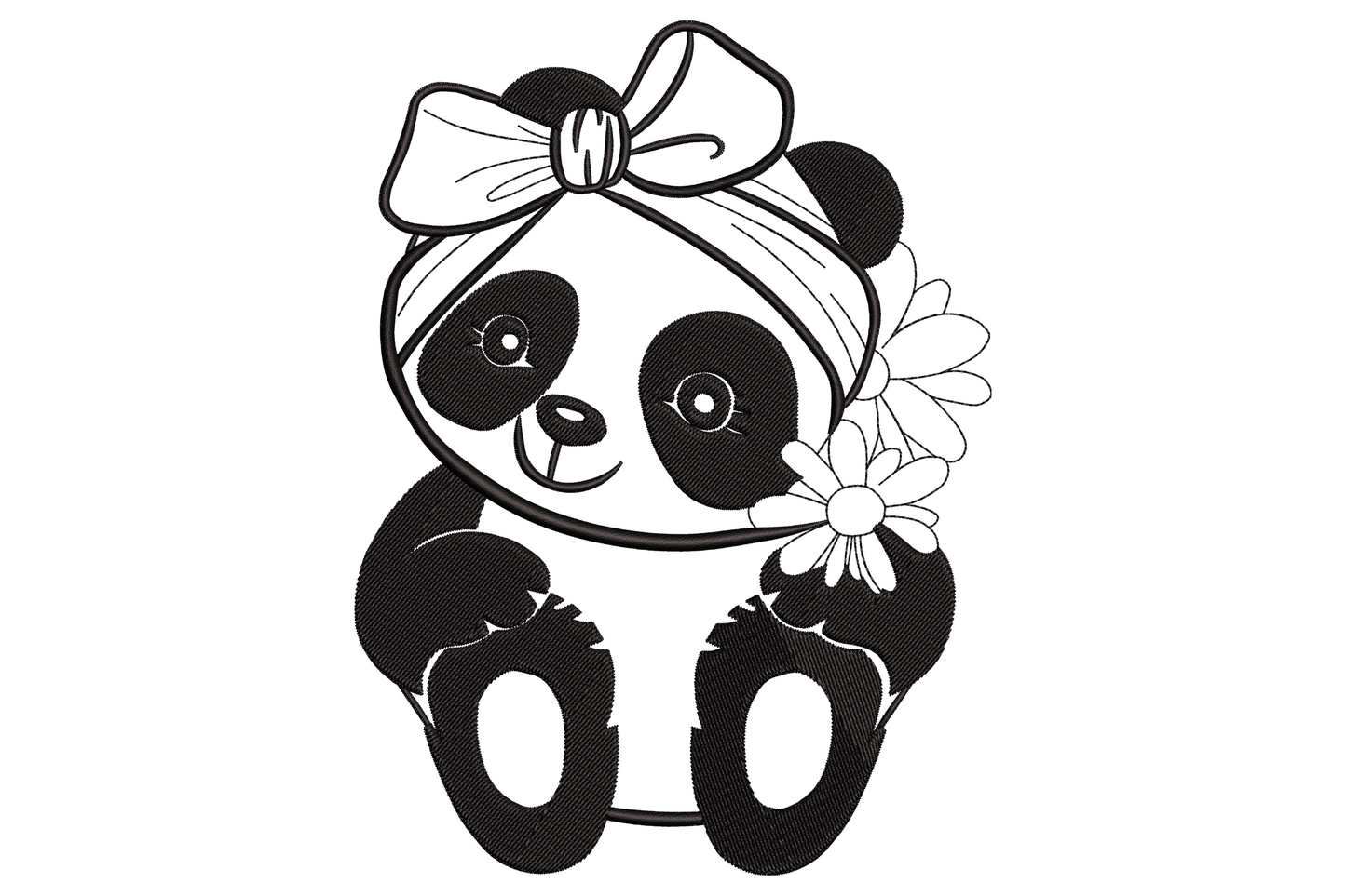Cute panda girl embroidery, round face, large eye patches, small bow on head, soft body in single colour outline.