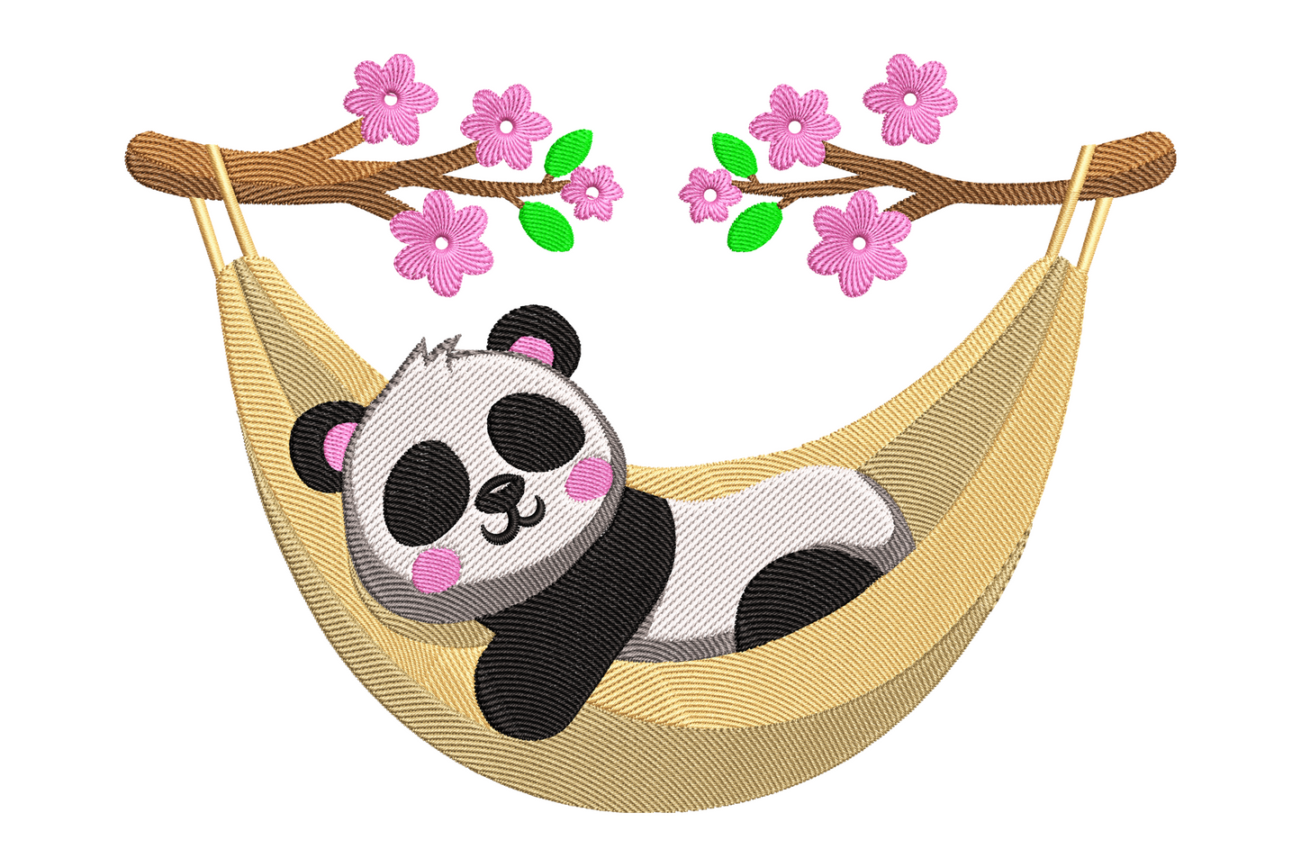 Cute panda in hammock embroidery, black and white cartoon panda with sage green ropes, blush pink cheeks, 5.42 by 7.5 inches