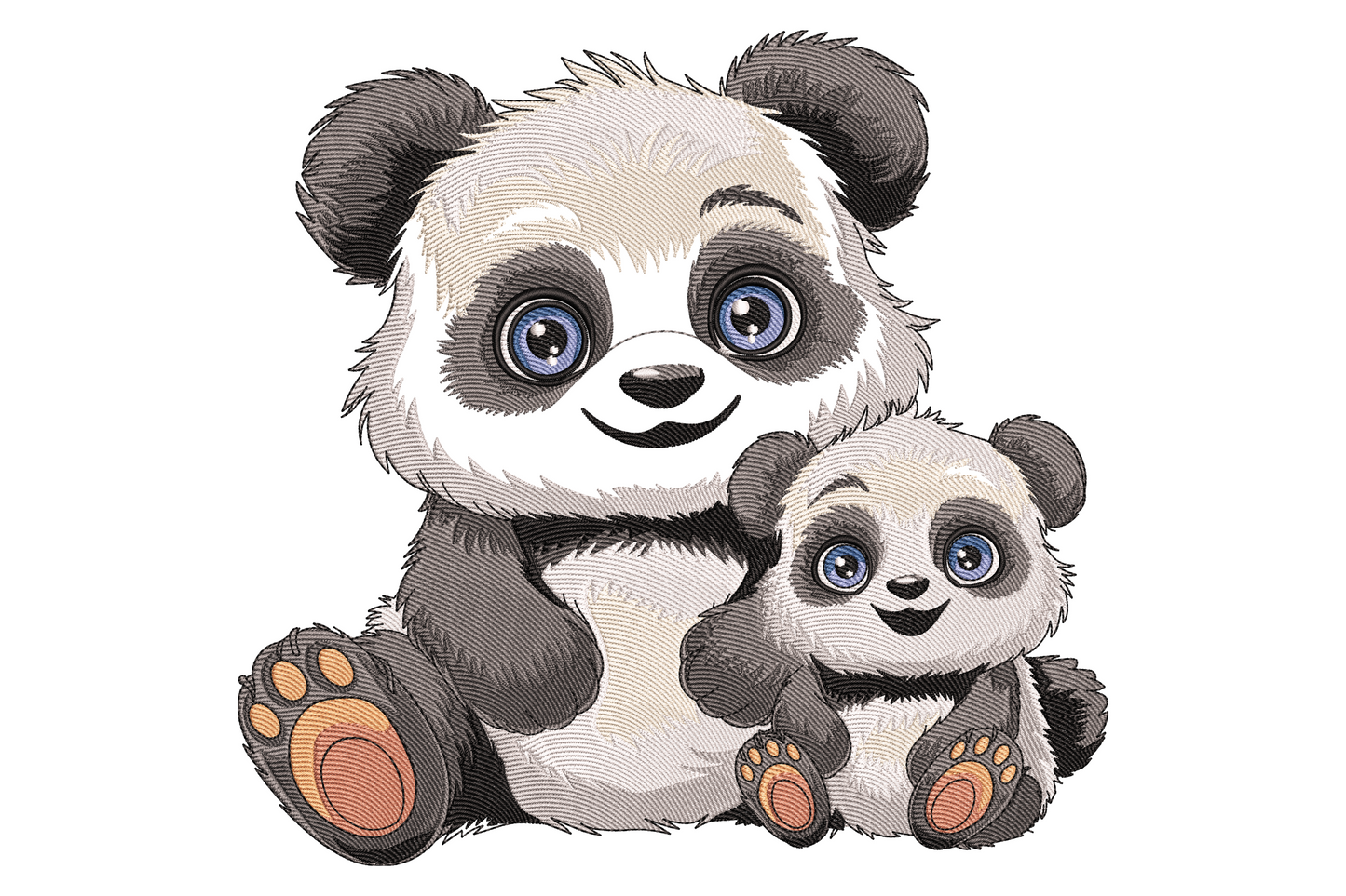 Cute panda mom and baby embroidery, chunky cartoon pandas with blue eyes and honey paw pads, mama holding baby under her arm.