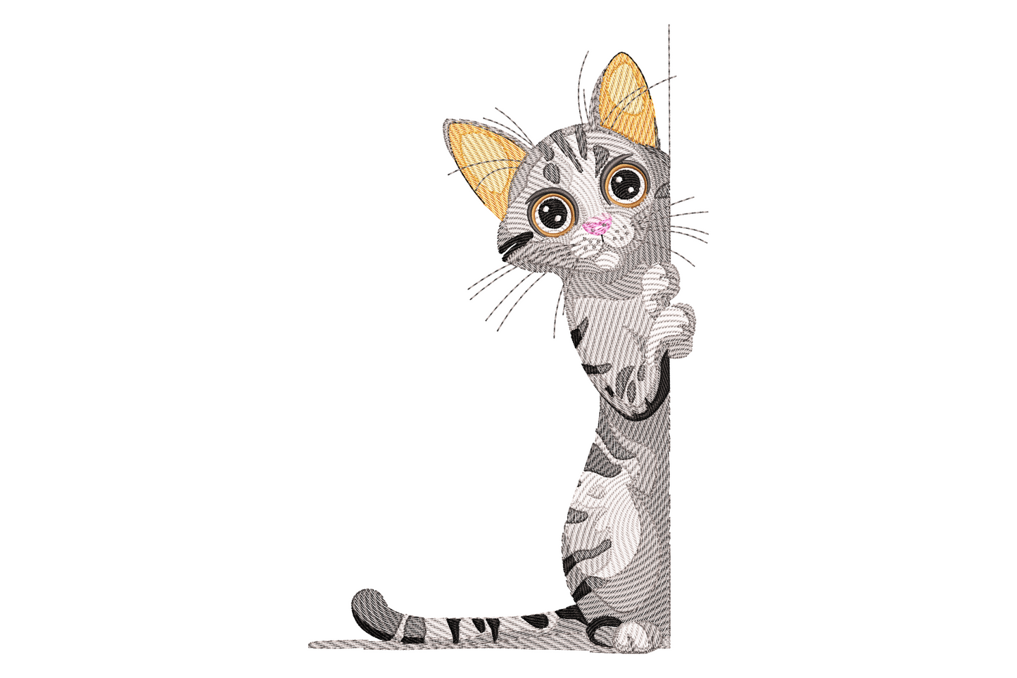 Peekaboo kitten embroidery design showing a grey tabby cat peeking around a white vertical edge, one paw gripping the front, big warm brown eyes, pink nose, and black whiskers.
