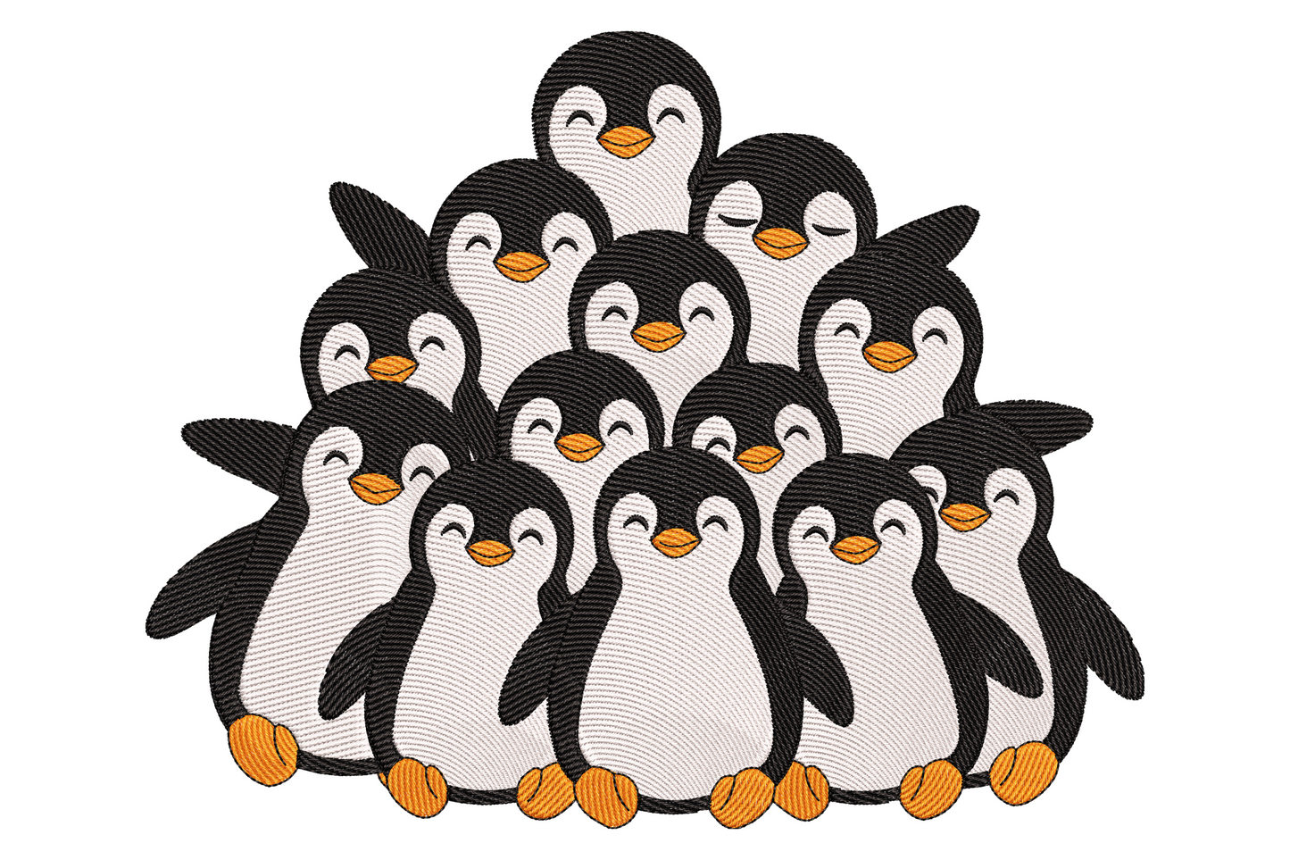 Cartoon penguin family embroidery design showing 12 happy huddled penguins in pyramid stack with orange beaks and feet