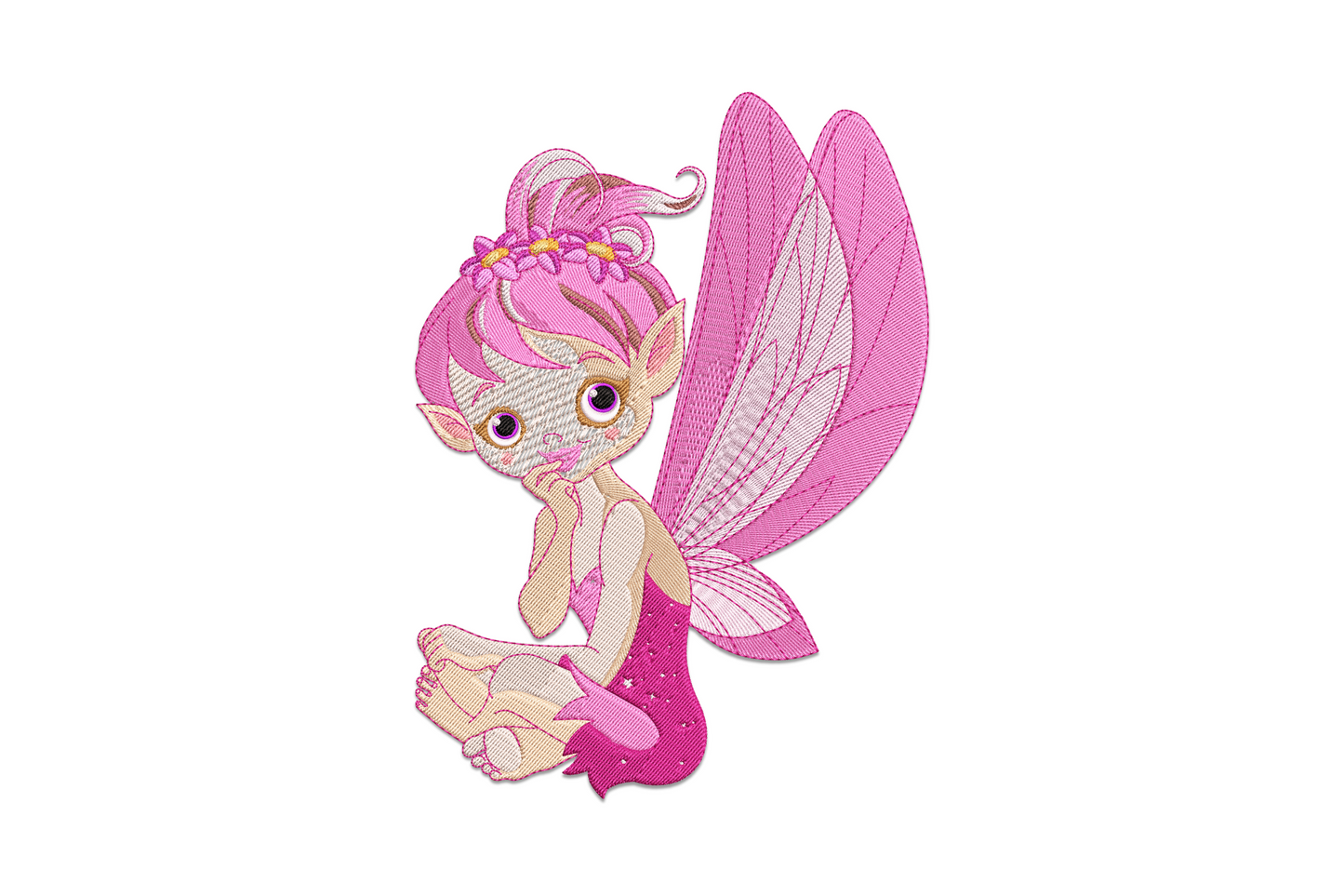Cute pink fairy girl embroidery design with detailed face, long pink hair and translucent layered wings.