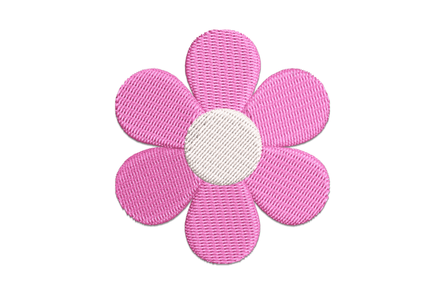Cute pink flower embroidery design with soft satin petals radiating from an open centre, simple and compact floral motif.