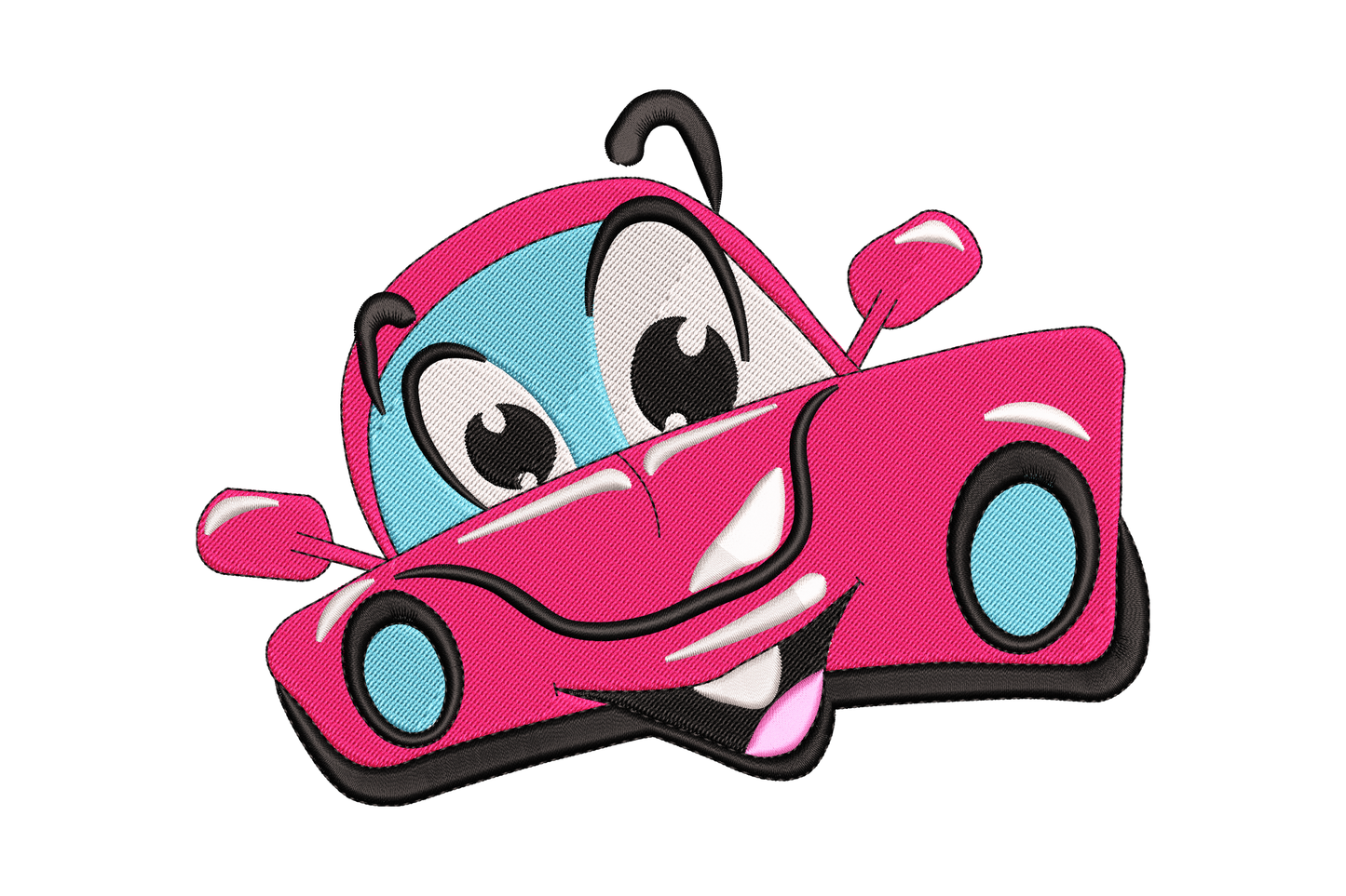Hot pink cartoon car with huge open grin, round blue headlamps and curly antenna, girls kids embroidery design