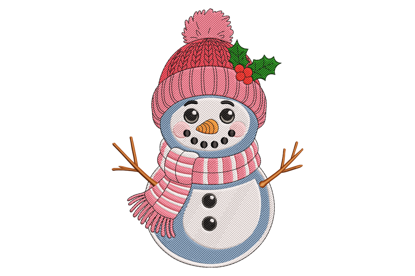 Cute pink snowman embroidery design with chunky knit beanie, pom pom, striped scarf, twig arms, carrot nose and holly sprig on hat