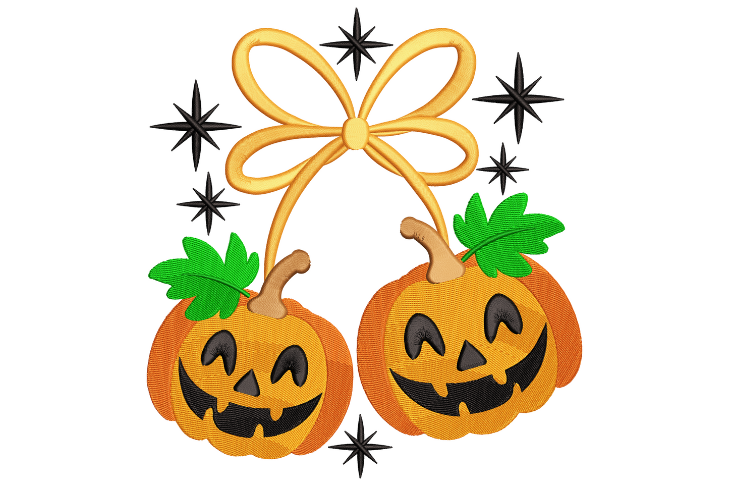 Cute pumpkin pair embroidery design with two grinning orange jack-o-lanterns tied together by a looping bow, dark green leaves and star burst accents.