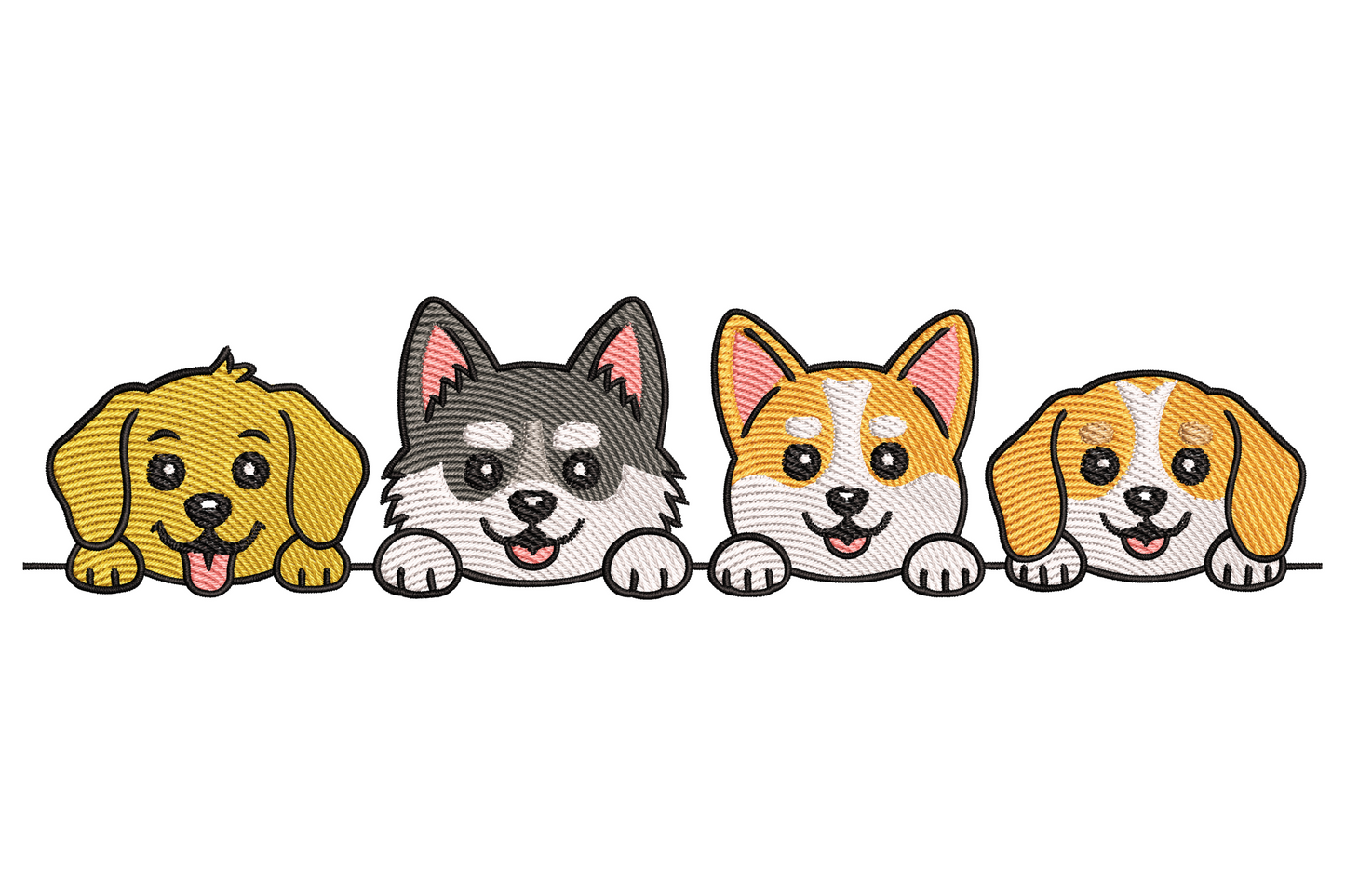 Cute puppies border embroidery strip, cartoon puppy breeds stacked vertically in caramel, cream and soft brown, floppy-eared and round.