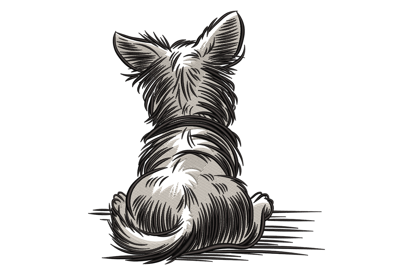 Puppy back view embroidery design showing chocolate brown sitting dog from behind with cream inner ears and upward-curling amber tail