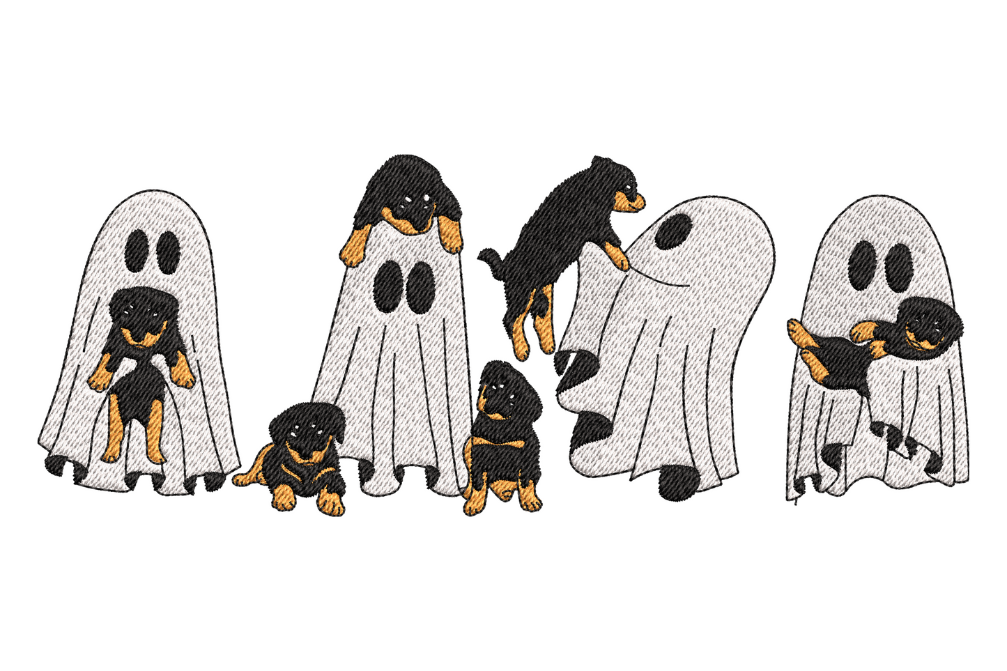Cute puppy ghost halloween embroidery design, Rottweiler puppies in ghost sheet costumes stacked vertically, 3 colors orange white black, 5 sizes