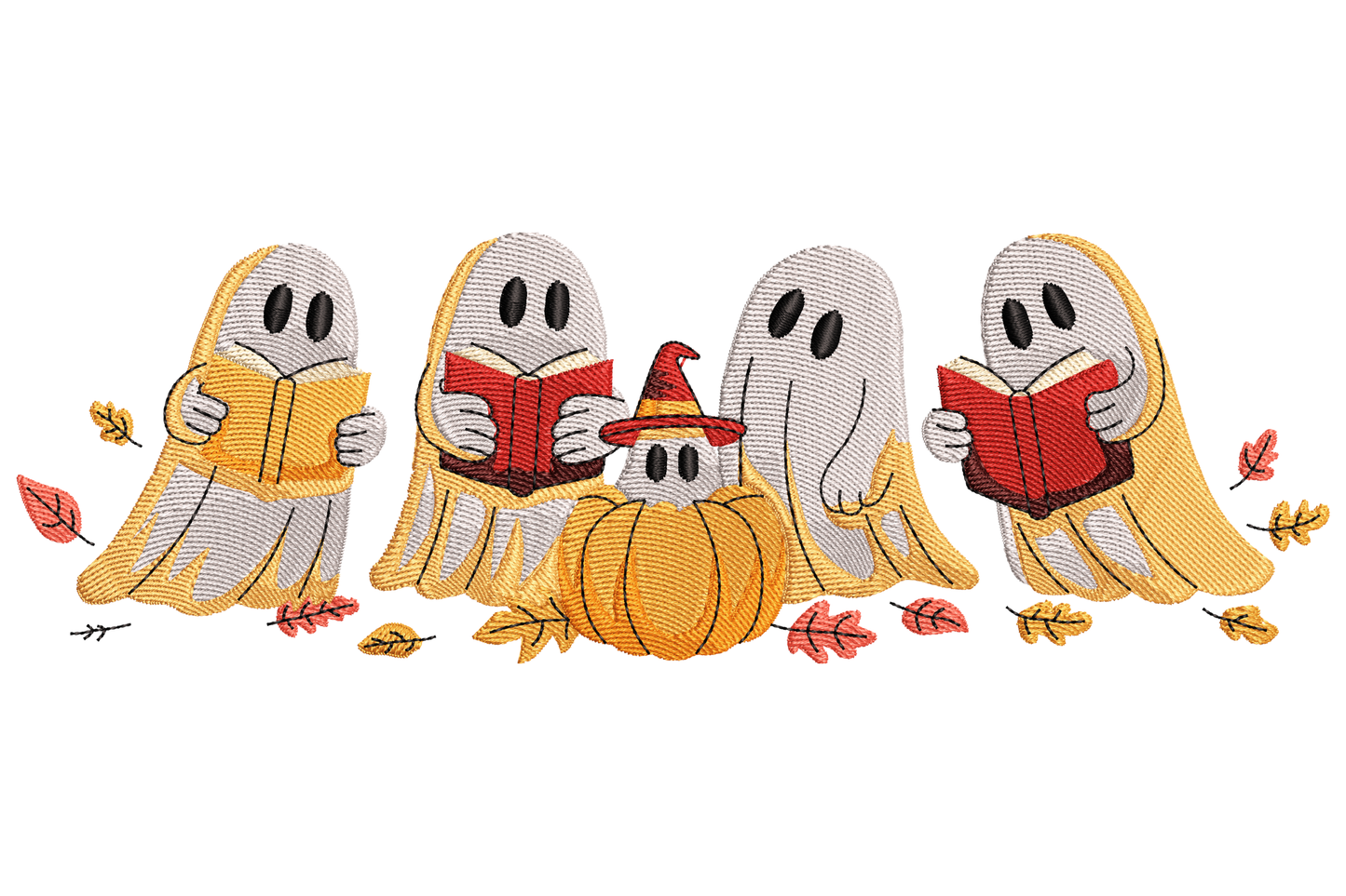 Cute reading ghost halloween embroidery design, cartoon ghosts holding books in white and cream, colourful book spines, 9 thread colours, 3.49 inches wide low-profile strip.