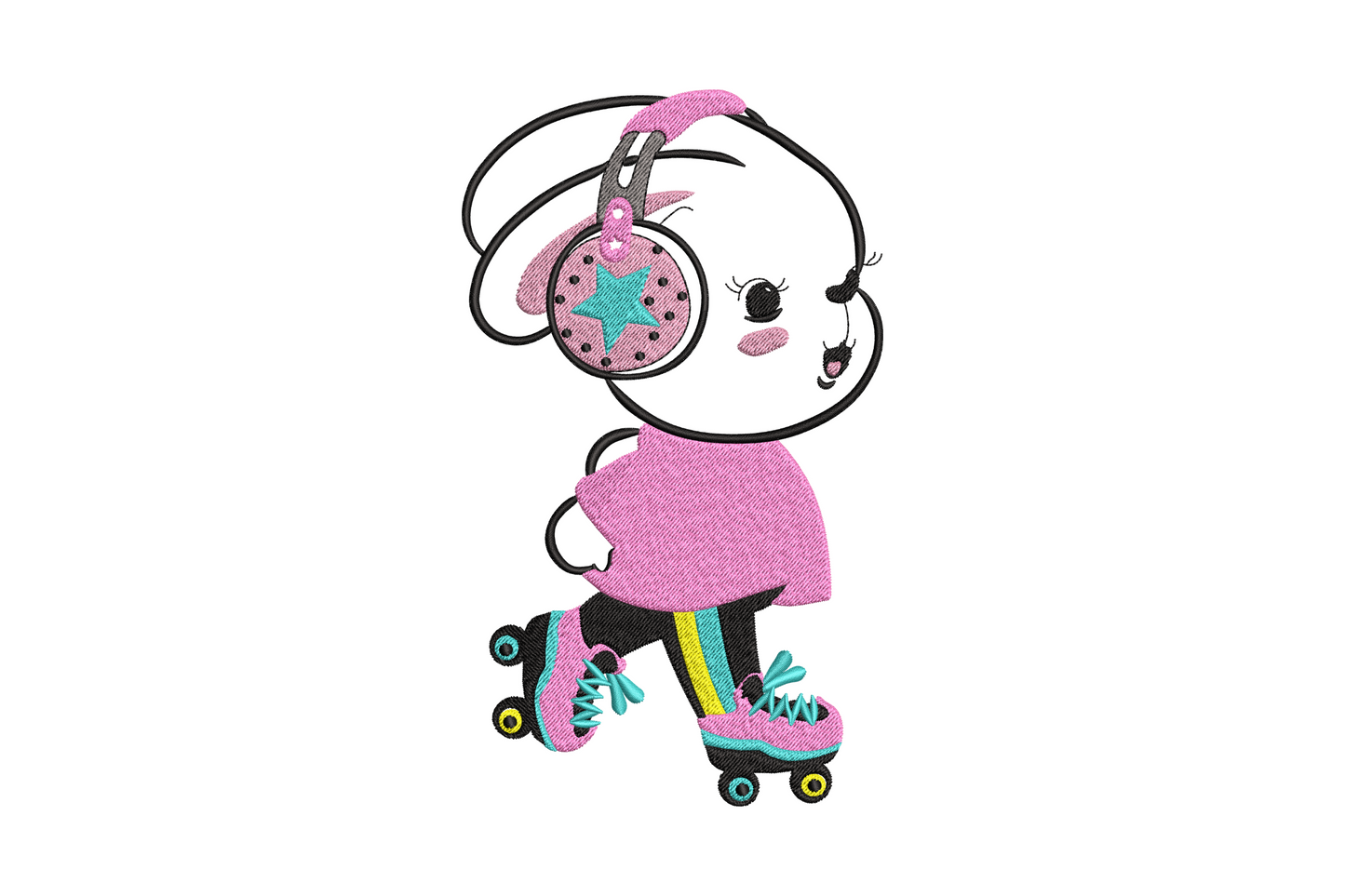 Roller skating girl with headphones embroidery design in 70s retro style with pink hair, yellow skates, and denim blue outfit.