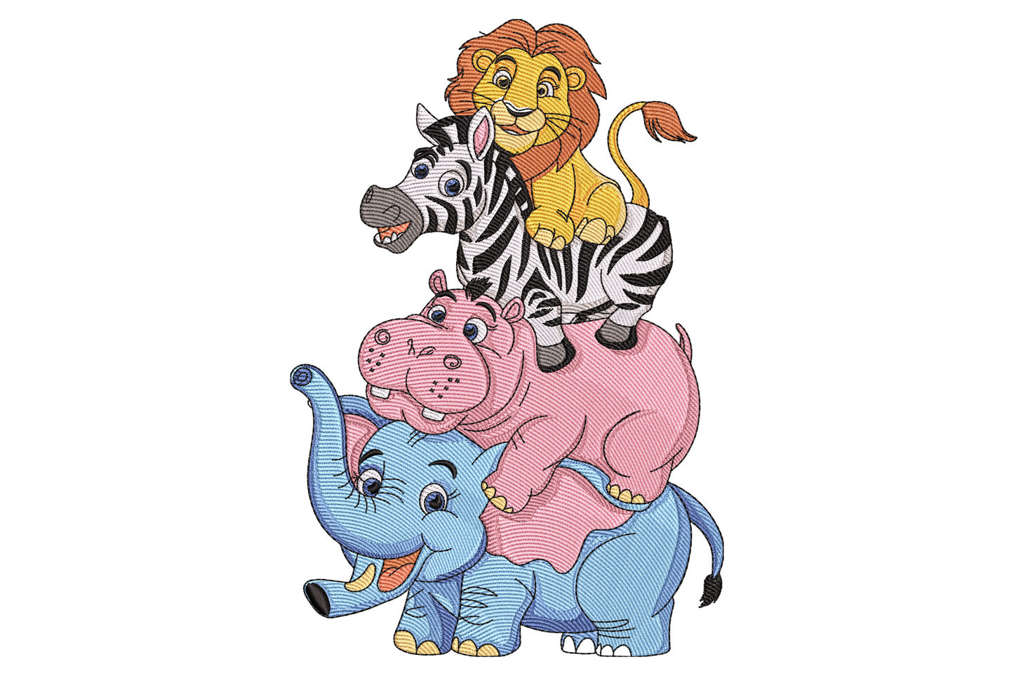 Safari animal stack embroidery design with cartoon elephant, hippo, zebra and lion cub balanced in a tower.