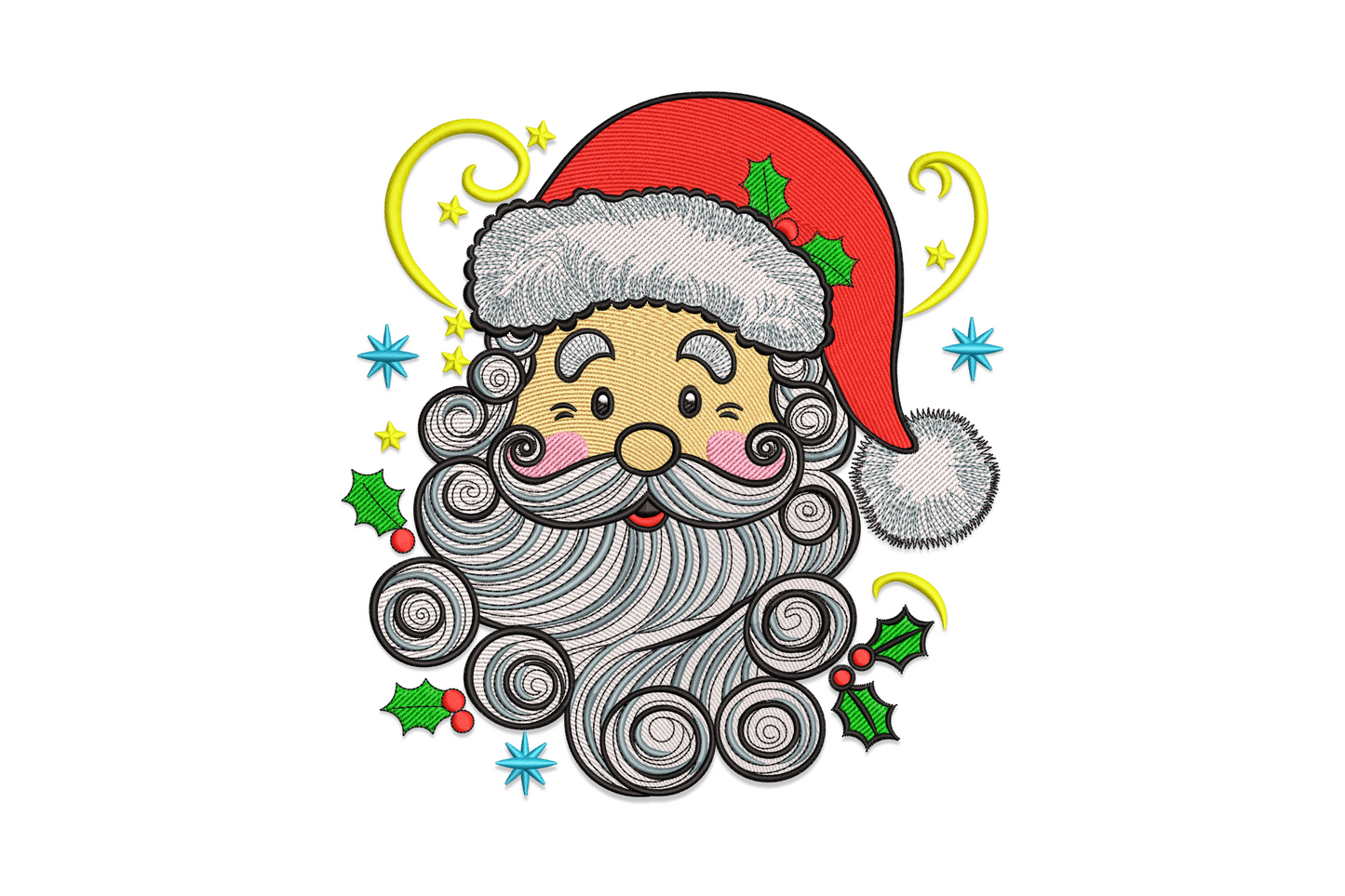 Cute Santa Claus face embroidery design showing close-up rosy-cheeked Santa with cream beard and scarlet hat on navy fabric.