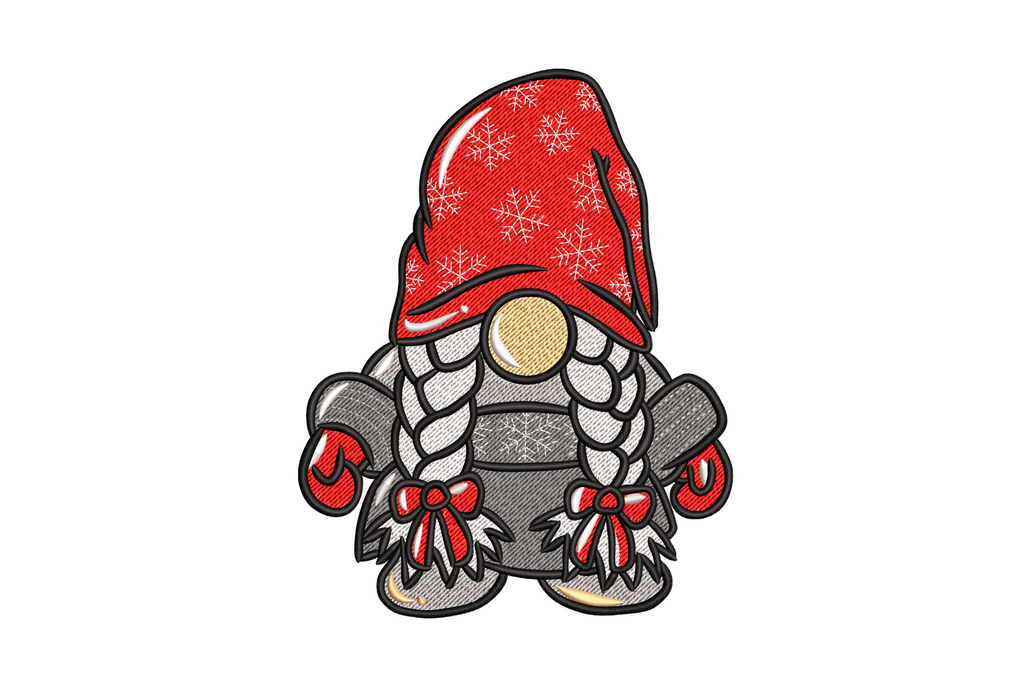 Scandinavian tomte gnome with tall red snowflake hat, braided grey beard and candy canes, Christmas embroidery design