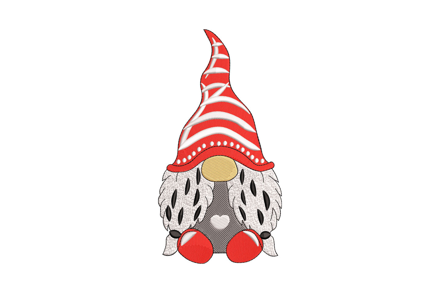 Scandinavian gnome with striped hat embroidery design, nordic tomte with fluffy beard and red shoes, machine embroidery
