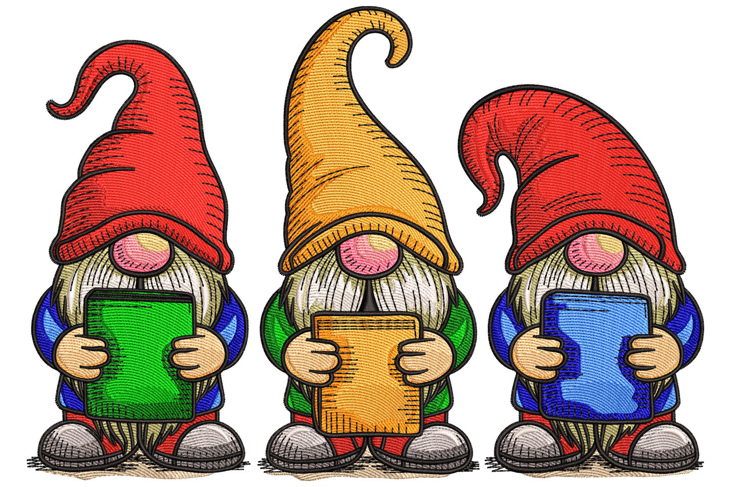 Cute school gnome embroidery design with three gnomes in red and orange hats holding green, orange and blue books with fluffy white beards.