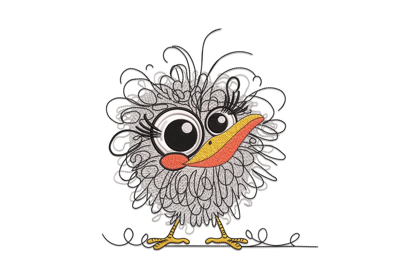 Scribble-style baby chick embroidery design with chunky crayon outlines, yellow body, orange beak and stick legs on white fabric