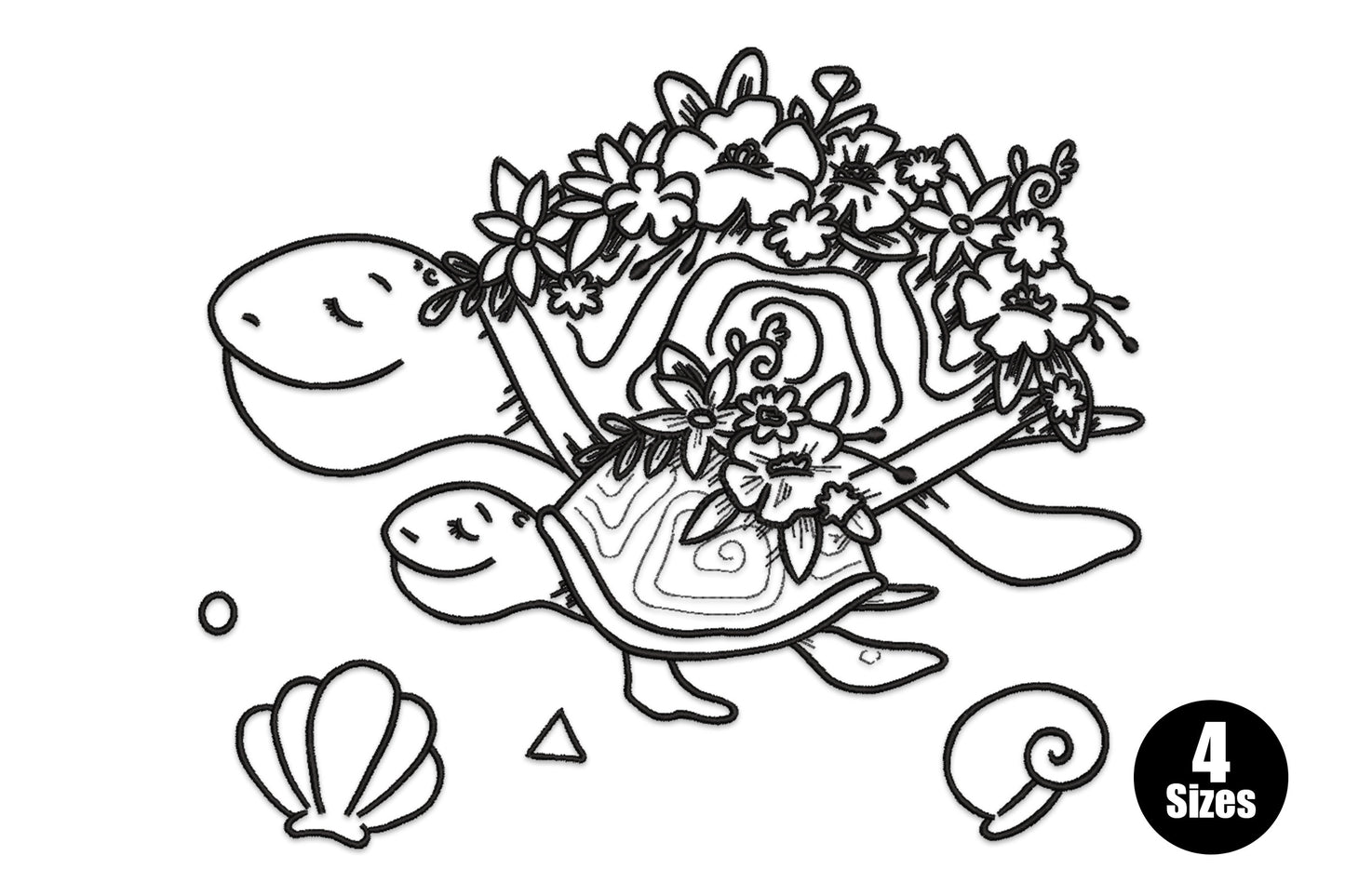 Sea turtle with flowers line art embroidery design showing a smiling cartoon sea turtle with a large flower crown on its shell, drawn in single black outline thread with a clamshell and spiral below.