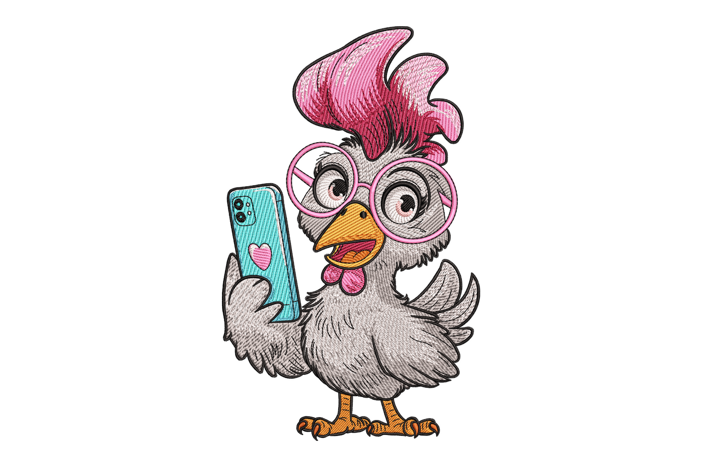 Cute cartoon selfie chicken embroidery design holding a phone for a selfie, bright colours with rosy cheeks and funny expression