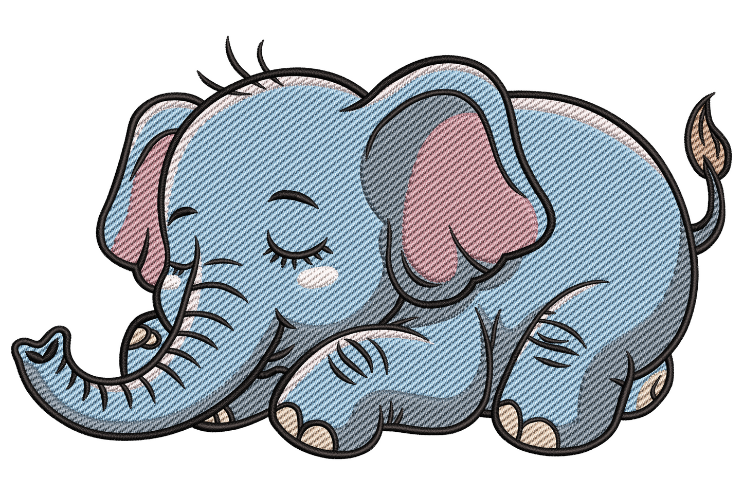 Sleeping baby elephant embroidery design curled up with closed eyes, pink ear and a soft white sparkle on the cheek.