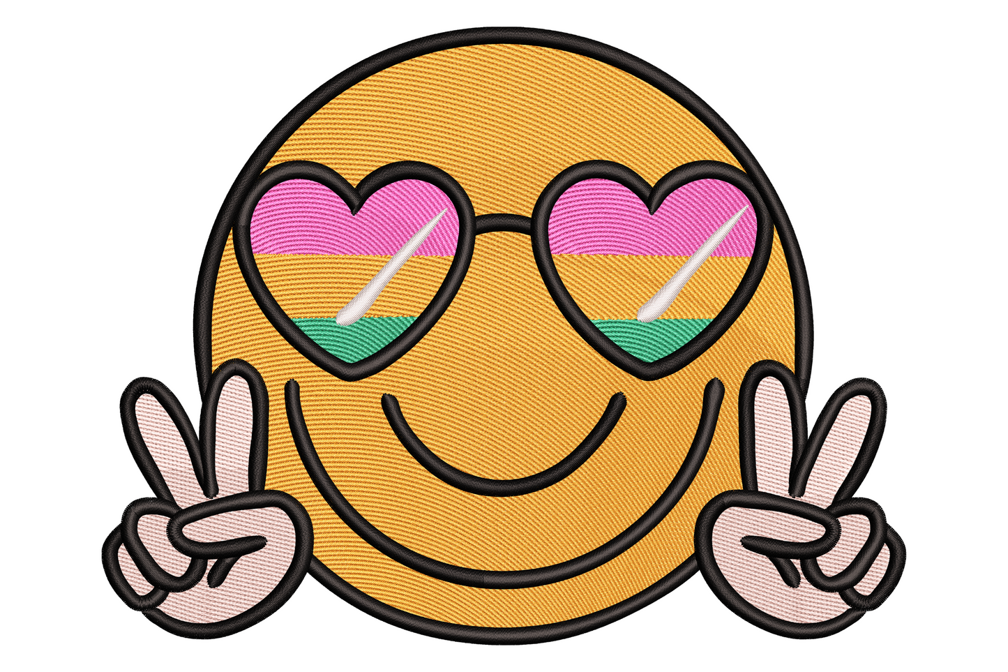 Retro smiley face embroidery, orange circle with heart sunglasses in pink and teal, peace-sign hands, 6 thread colors
