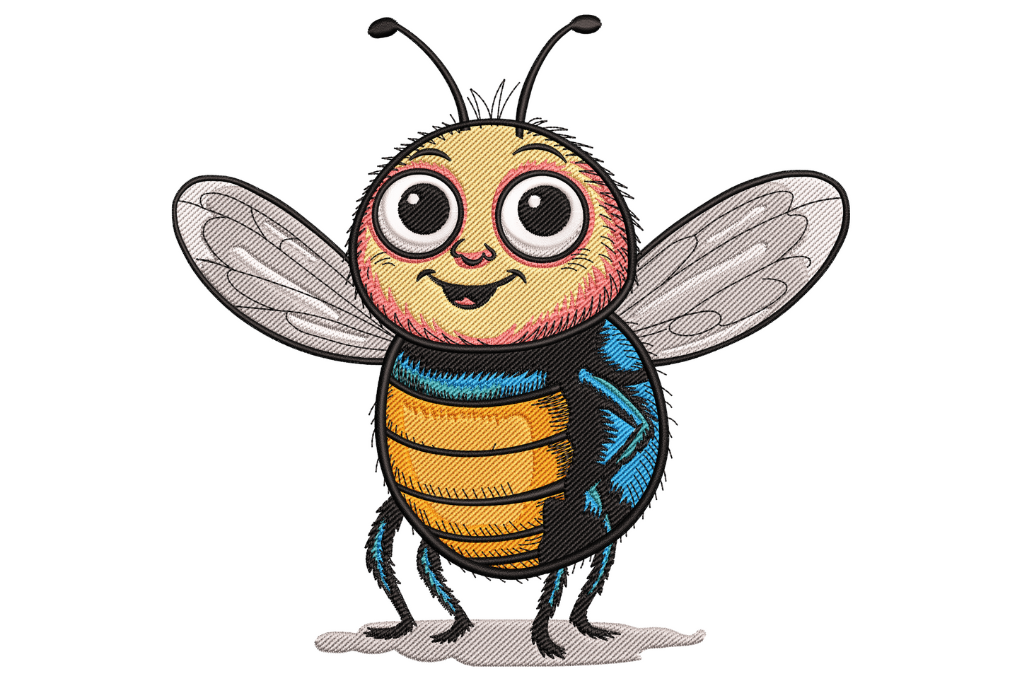 Cute smiling bee embroidery design with chubby honey yellow body, black stripes, big shiny eyes, pink cheek blush and pale grey wings.