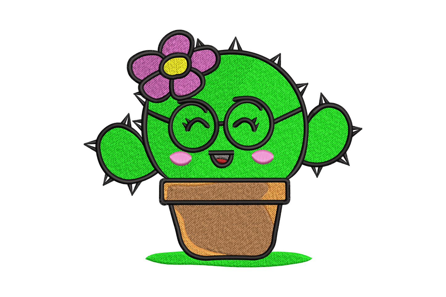 Smiling cactus embroidery design with round glasses, pink cheeks, purple flower on its head, in a brown terracotta pot.