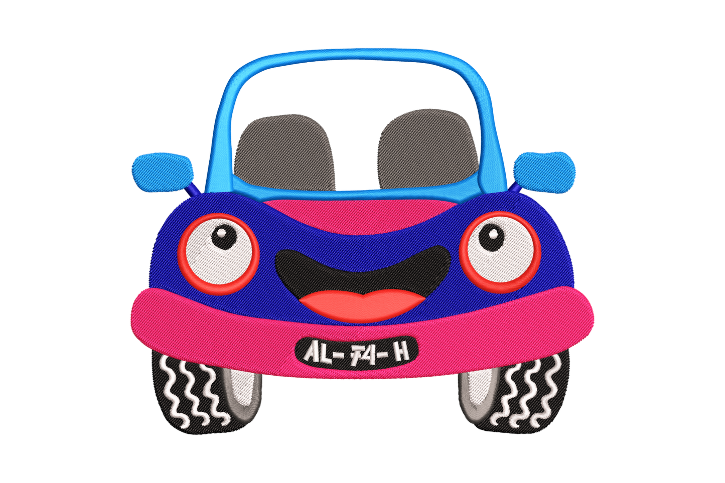 Front-facing blue cartoon car with wide pink grin, round eyes and license plate, kids machine embroidery design