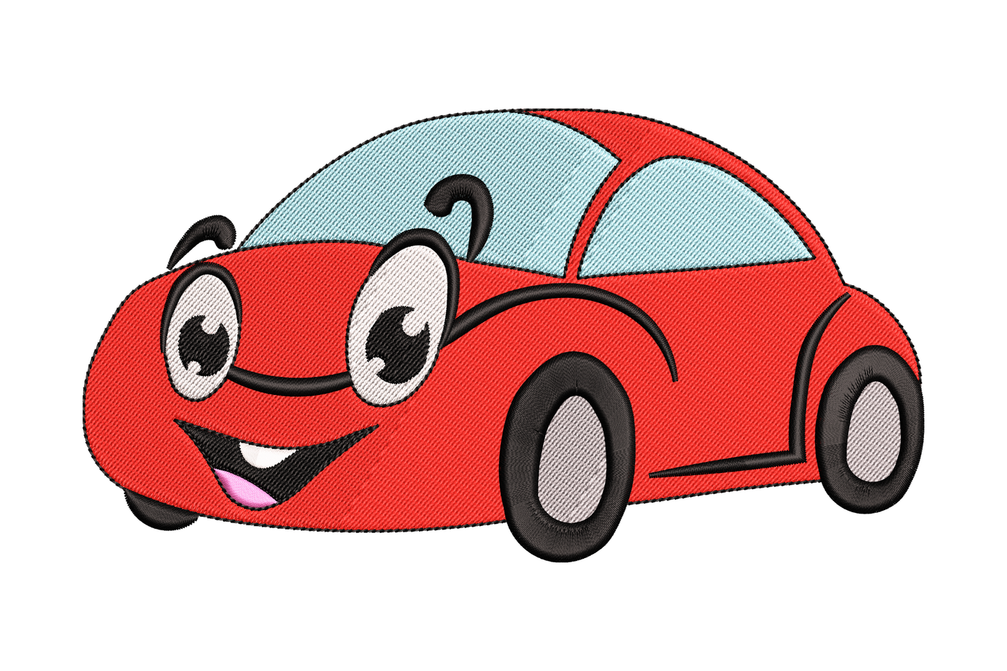 Side-profile red cartoon car with curly eyebrows, round cartoon eyes and wide open grin, kids machine embroidery design
