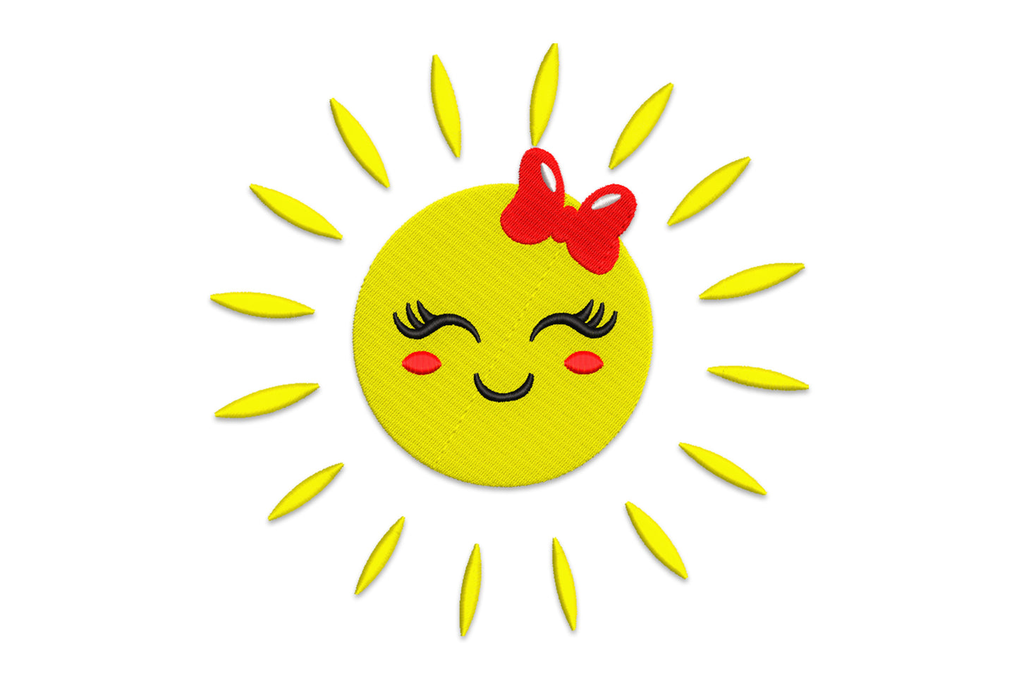 Cute smiling sun embroidery design with curly lashes, red bow, and pointed rays in yellow black and red