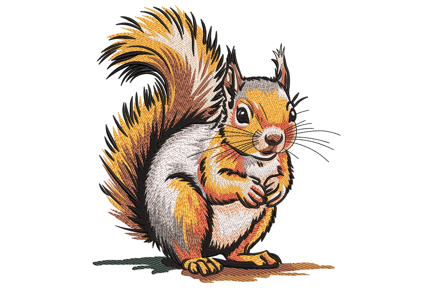 Cute cartoon squirrel embroidery design with curly bushy tail, cream belly and a green acorn held against the chest