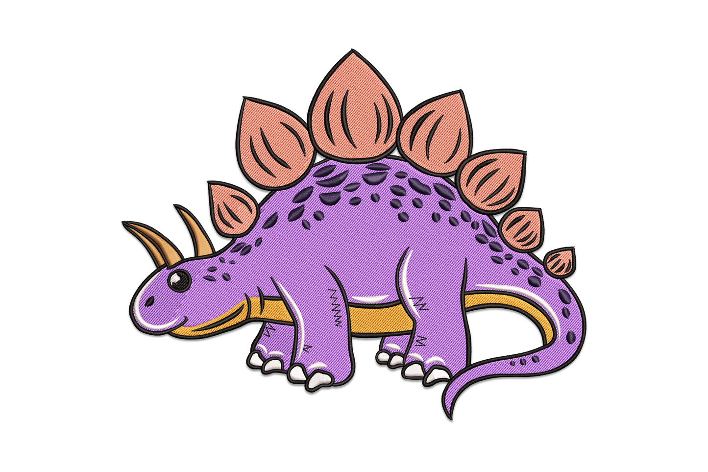 Cute chubby stegosaurus machine embroidery design with seven colours, orange and yellow back plates, sage green body, friendly cartoon eyes