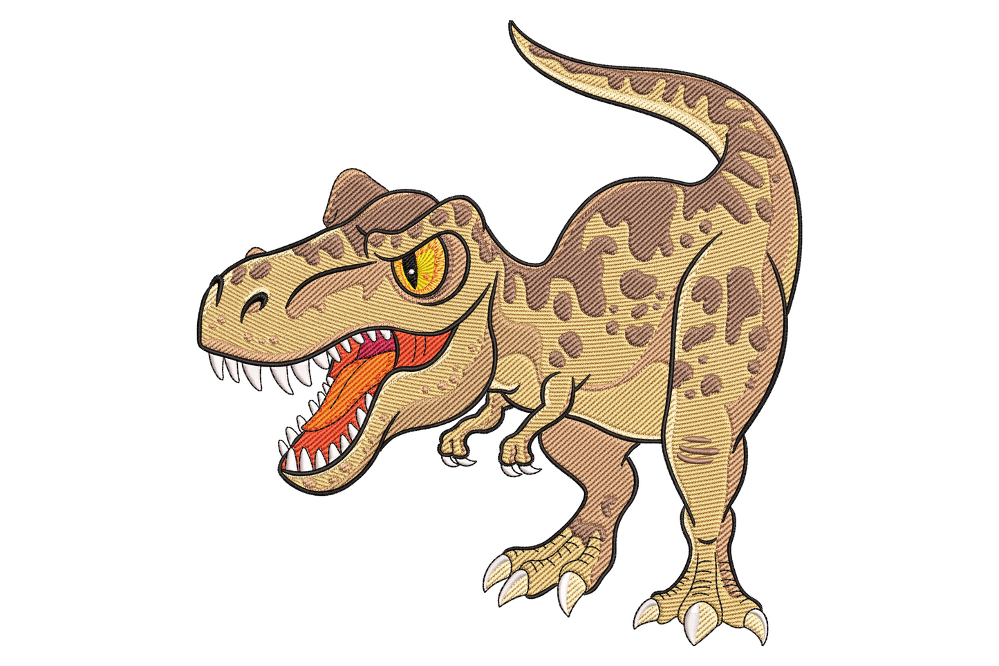 Cute cartoon T-Rex dinosaur embroidery design with leaf green body, mint belly, tiny arms and friendly white toothy grin.