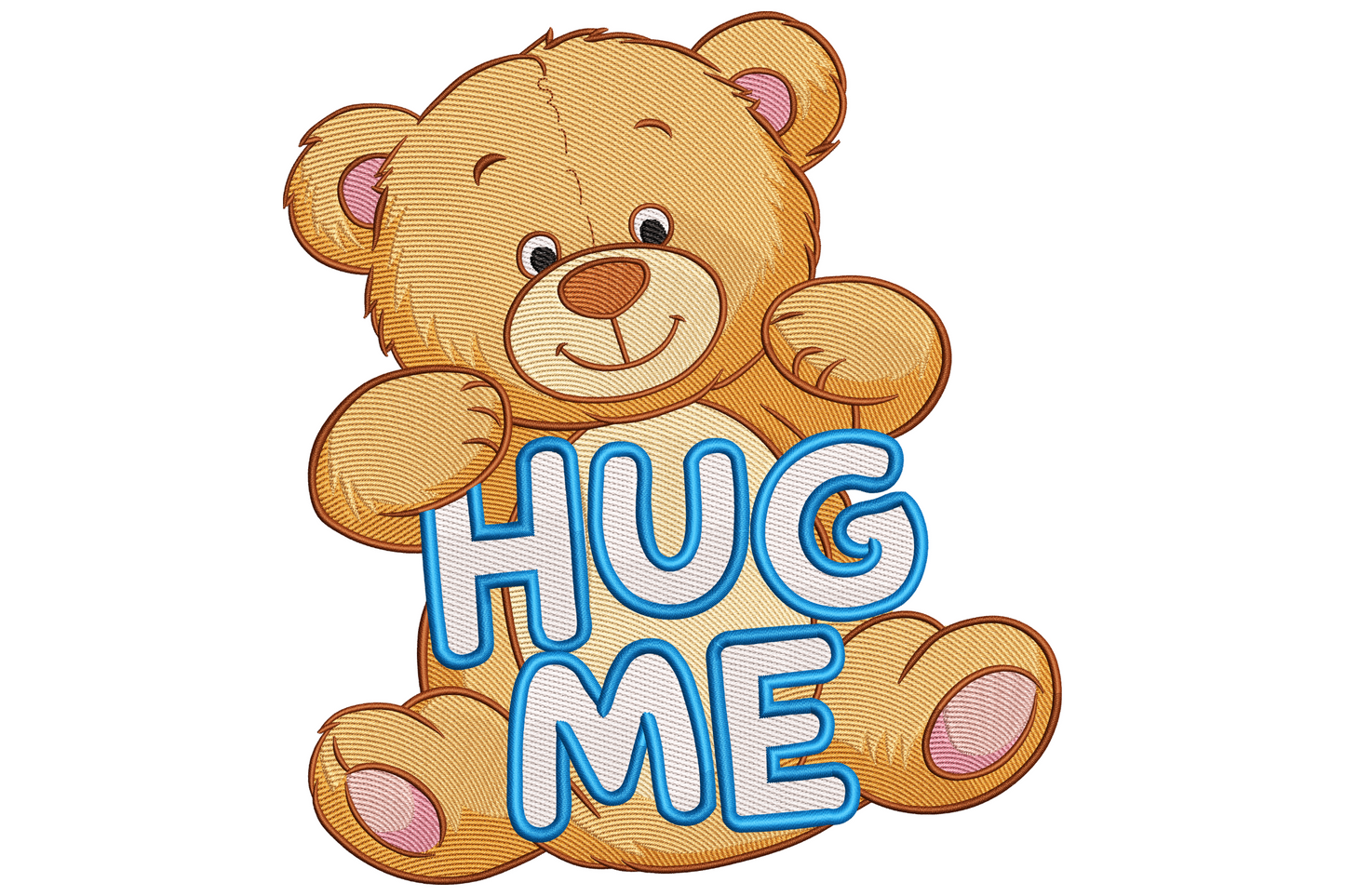 Teddy bear hug me embroidery design, arms wide open, caramel brown tatami fur body, cream muzzle oval, blush ear cups, small black bead eyes.