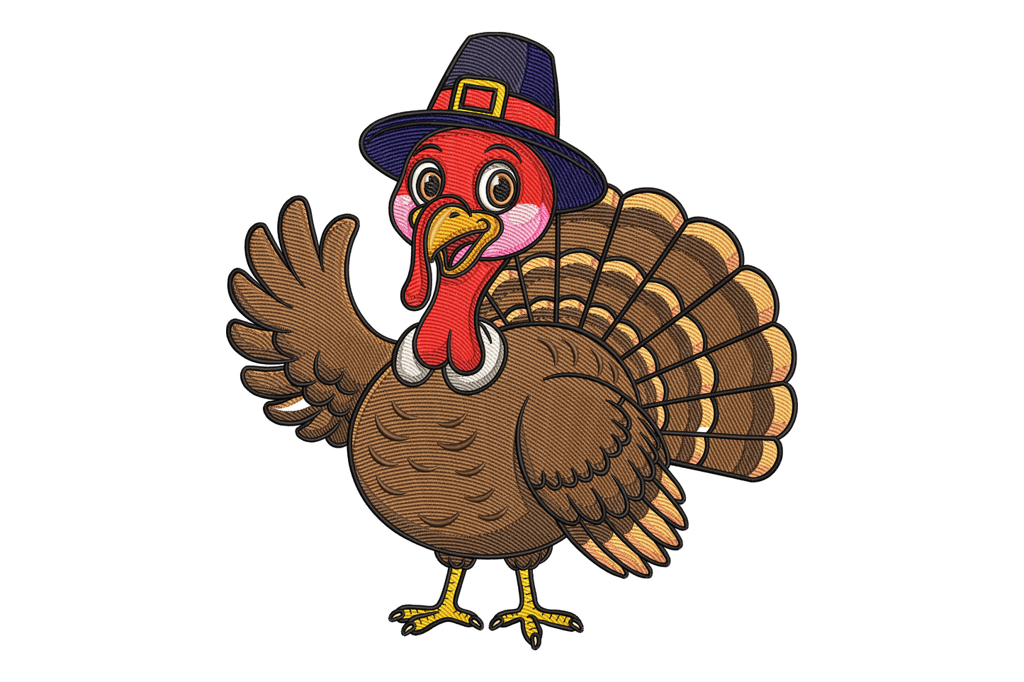 Cute thanksgiving turkey embroidery with full tail fan in autumn colours pilgrim hat on top and friendly smile