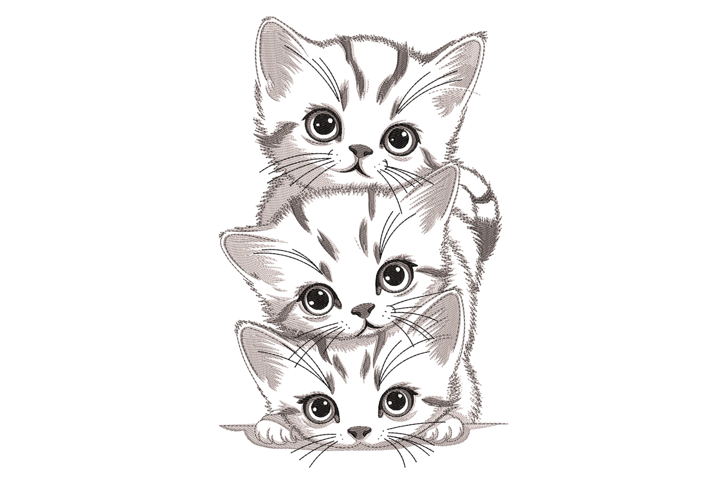 Three kittens stacked vertically, ginger on top, grey tabby middle, tuxedo at base, cartoon style