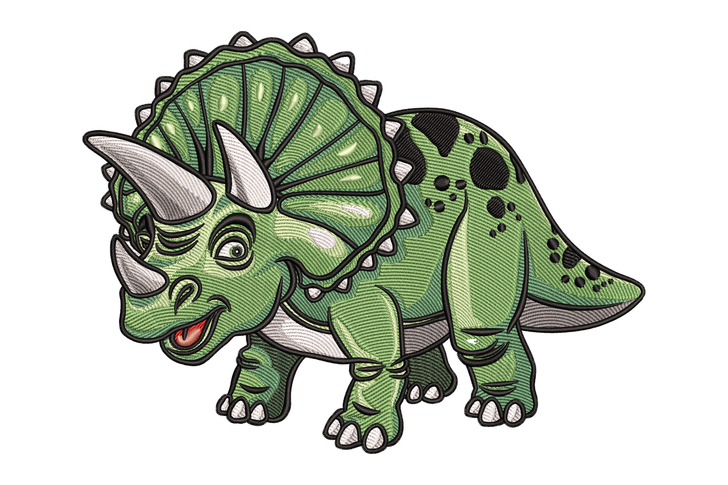 Cute chibi-style triceratops dinosaur embroidery in sage green, teal and warm tan with a wide frill and big white-highlight eyes, cartoon style, facing forward.