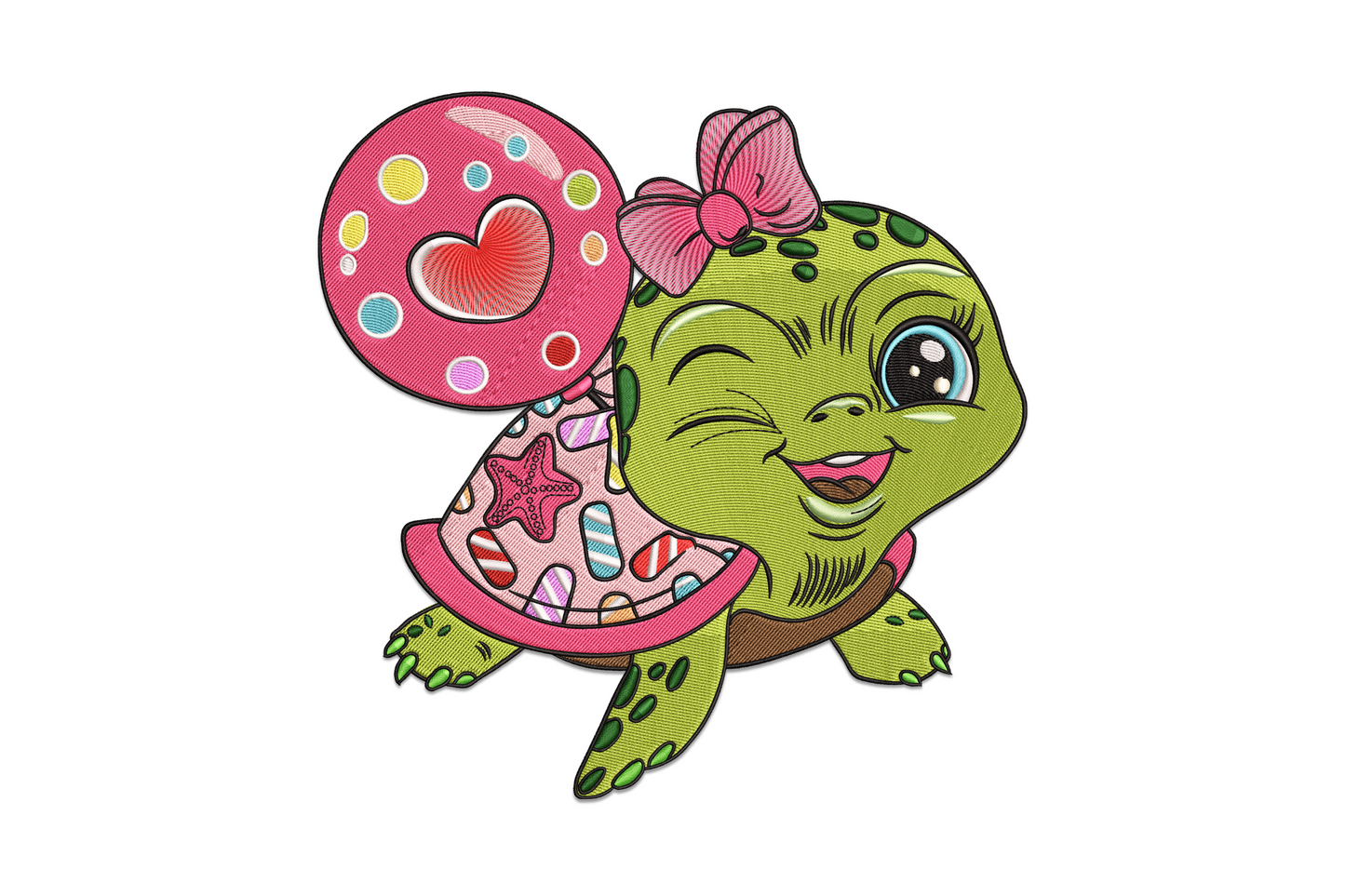 Turtle with candy machine embroidery design, 16 colours, whimsical cartoon style with colourful lollipops and sweets, kids theme