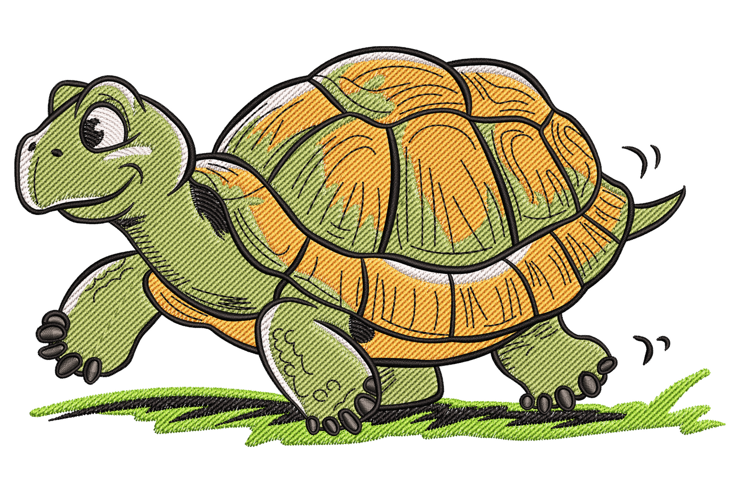 Cute cartoon turtle embroidery design walking through grass, smiling face with green skin and chunky orange segmented shell